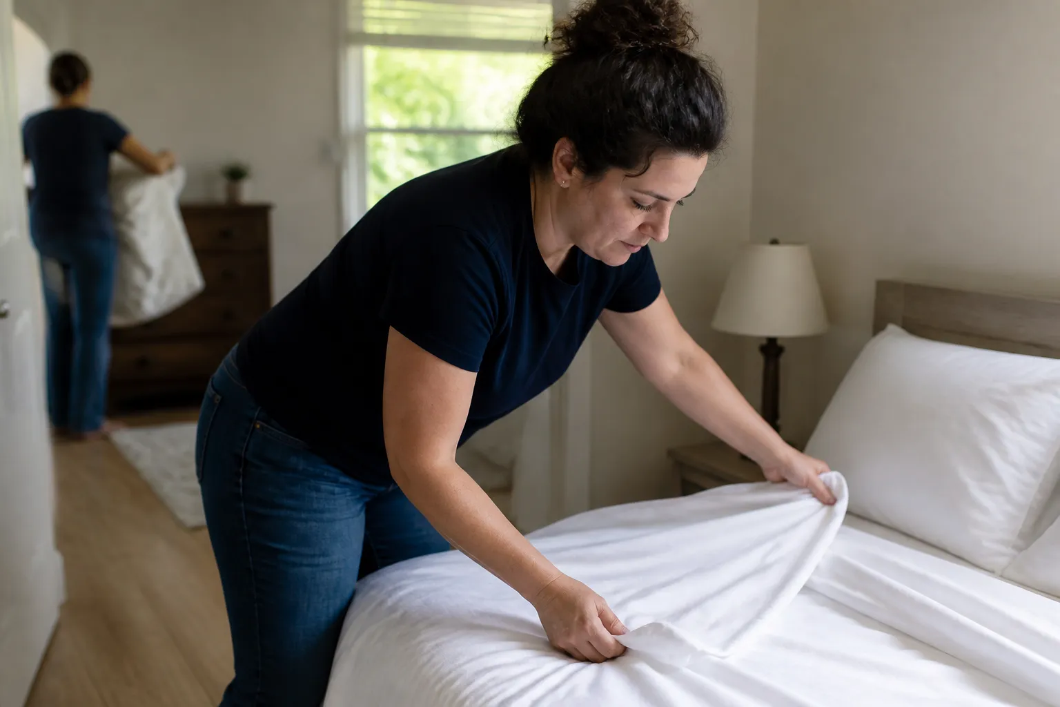 Volunteer smooths fresh bedding on a made bed in a Hayden shared veterans home bedroom.