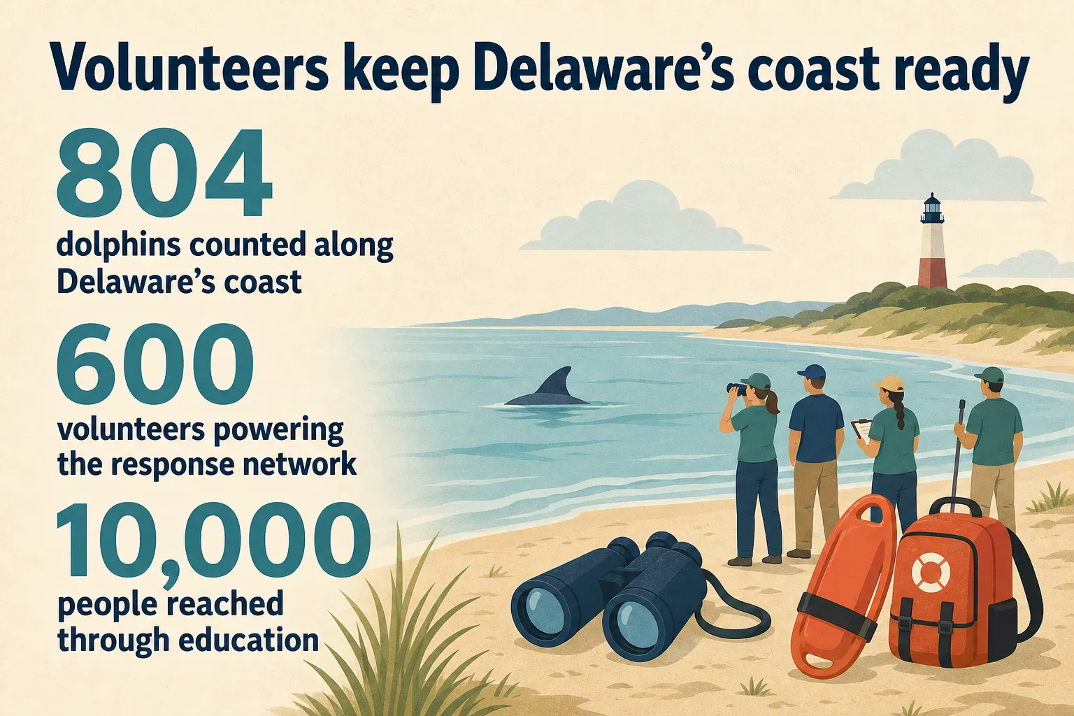 Flat editorial illustration of Delaware marine rescue volunteers watching a shoreline beside a dolphin fin, binoculars, and rescue equipment.