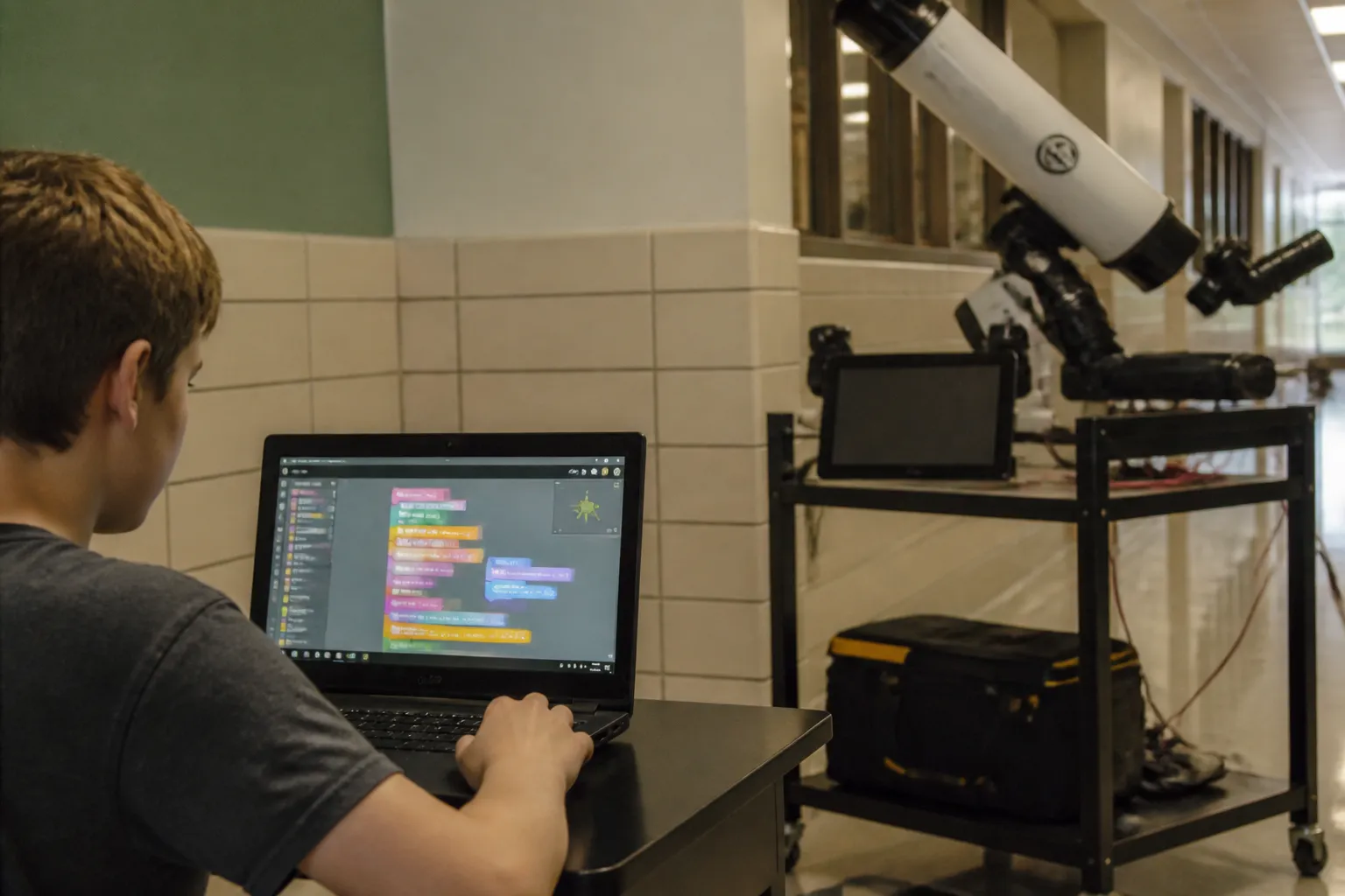 Student laptop displays Sugar Labs Music Blocks while a rolling-cart telescope setup sits nearby in an Austin hall.