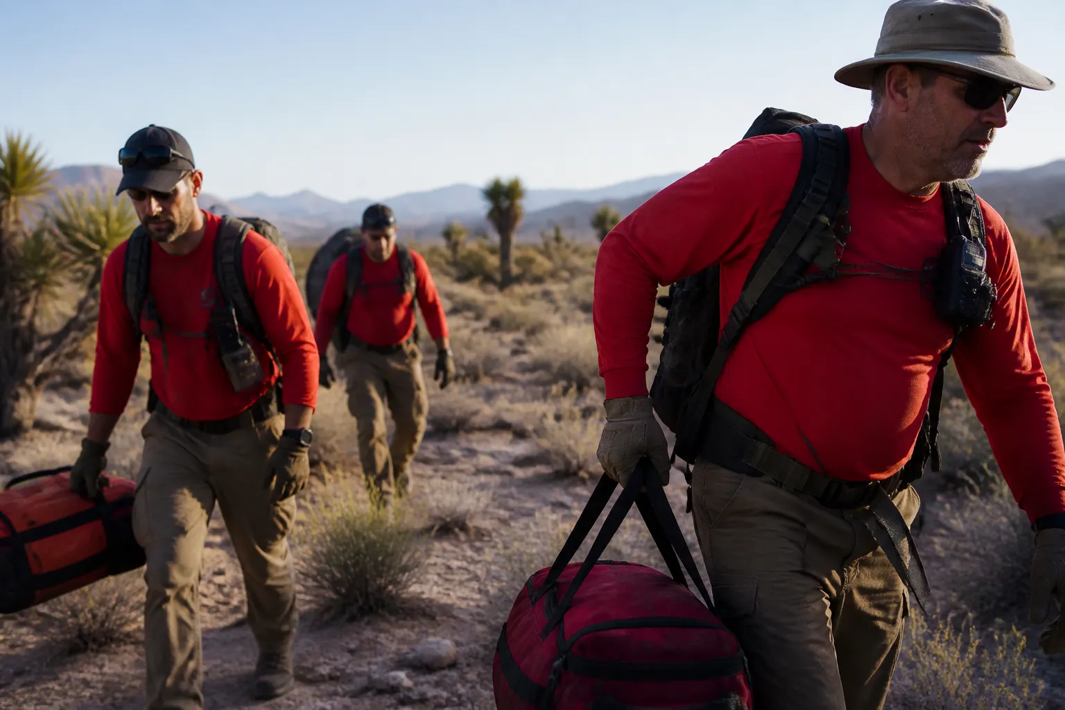 Red Rock SAR team carries search packs and medical supplies across desert before deploying.