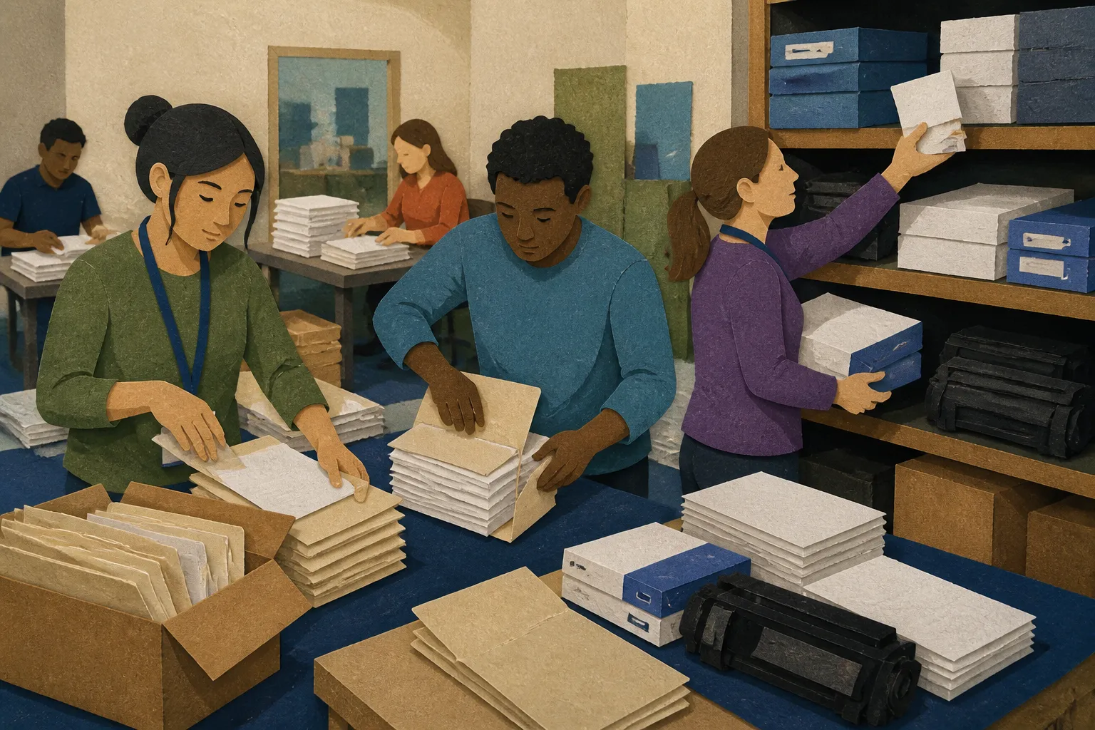 Paper stacks, toner cartridges, and labeled tax packets prepared for IRS-certified volunteers at a VITA site.