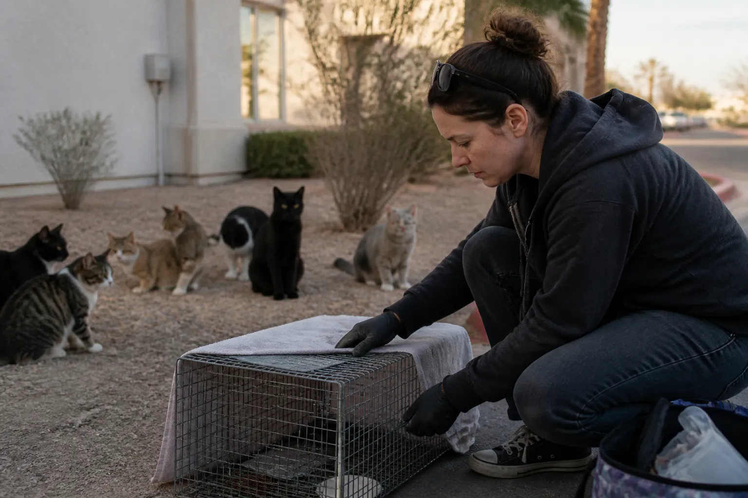 Volunteer readies a humane trap near a Las Vegas valley community cat colony for TNR and ear-tipping.