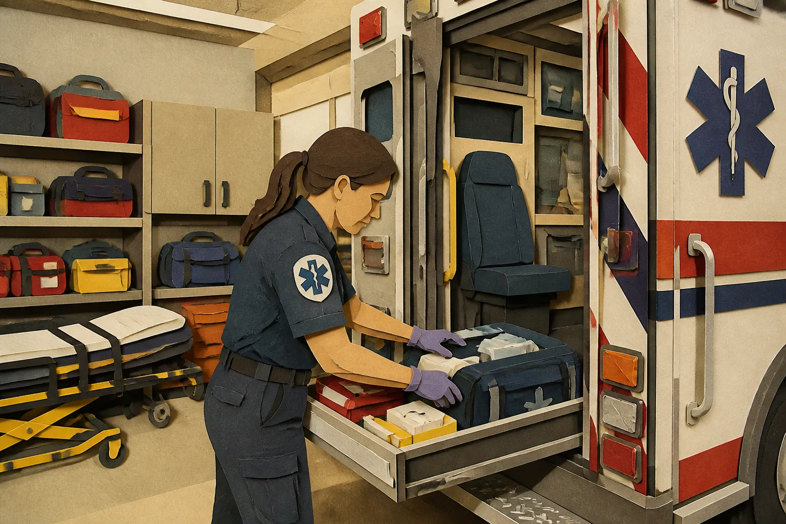 An EMT checks medical equipment beside an ambulance at Hartly Volunteer Fire Company.