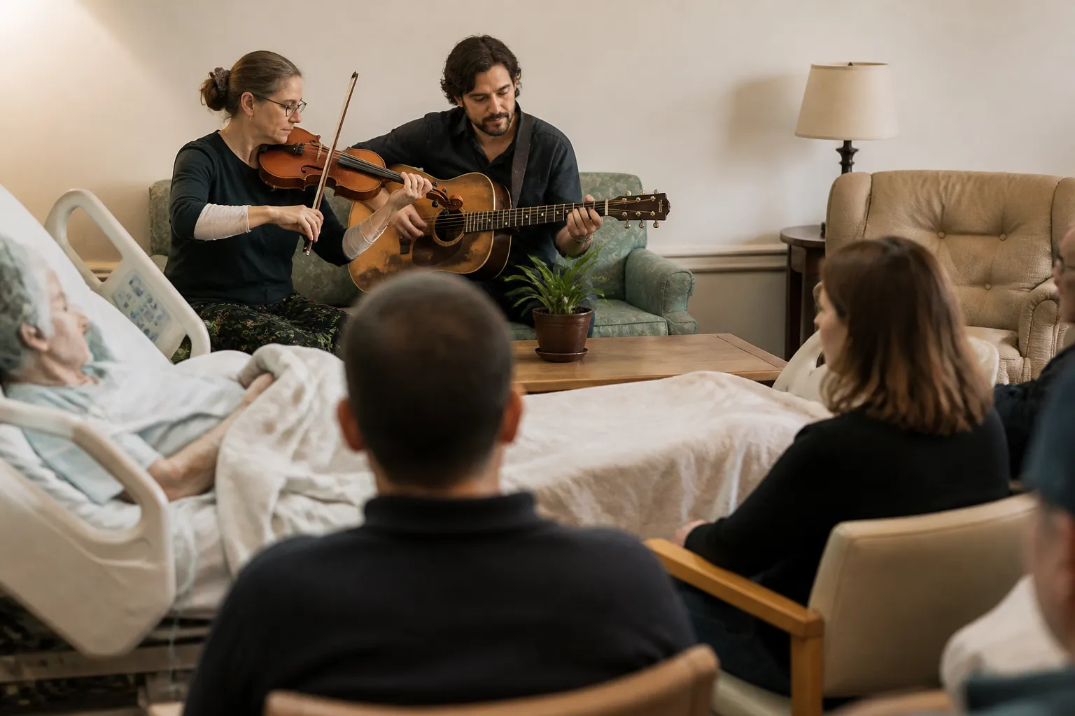 Two Swan Songs musicians perform a bedside concert in Austin, showing what health charities in Austin TX can fund.