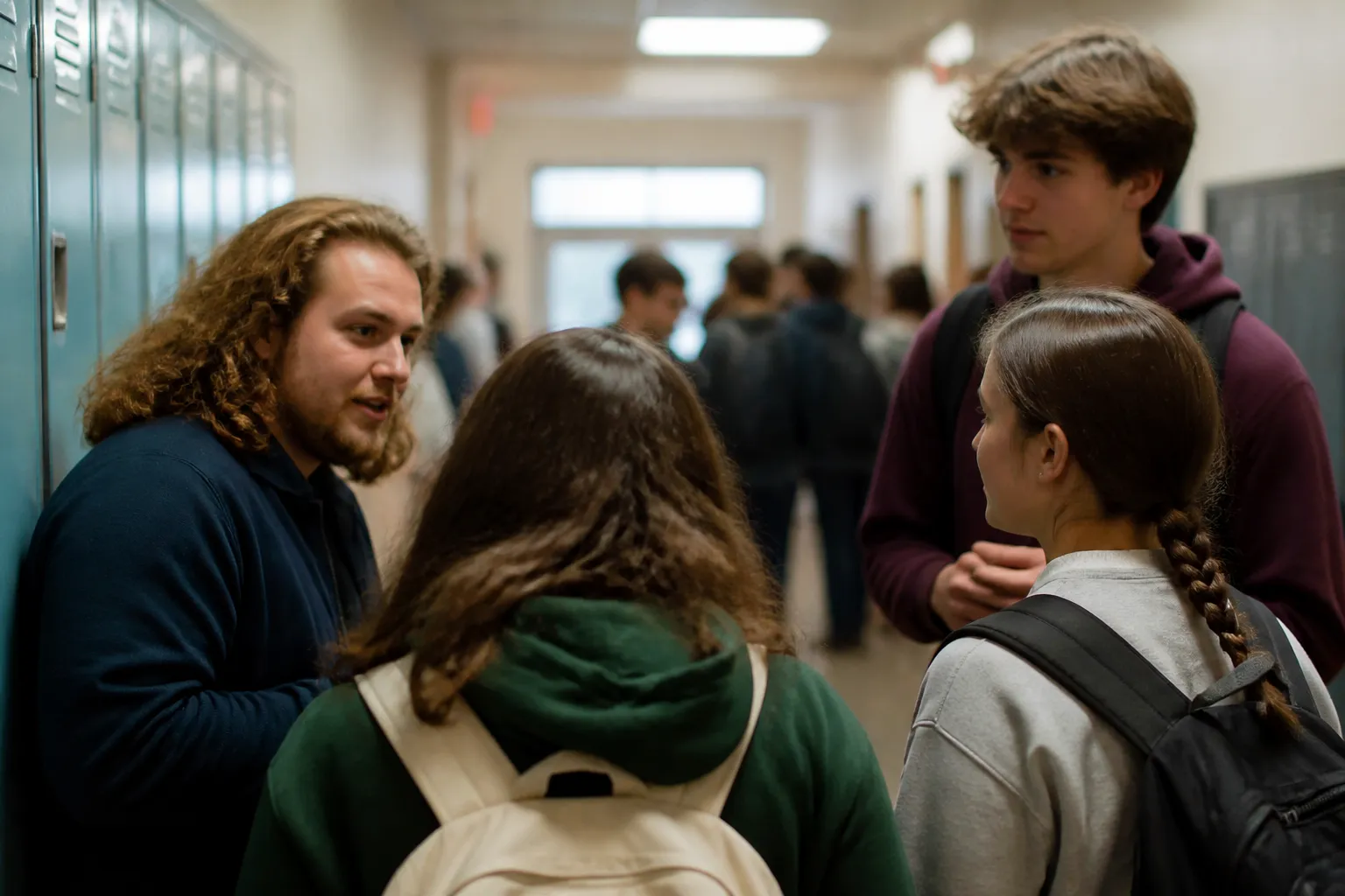 Campus Life leaders talk with Omaha students in a school hallway before a small-group meeting.