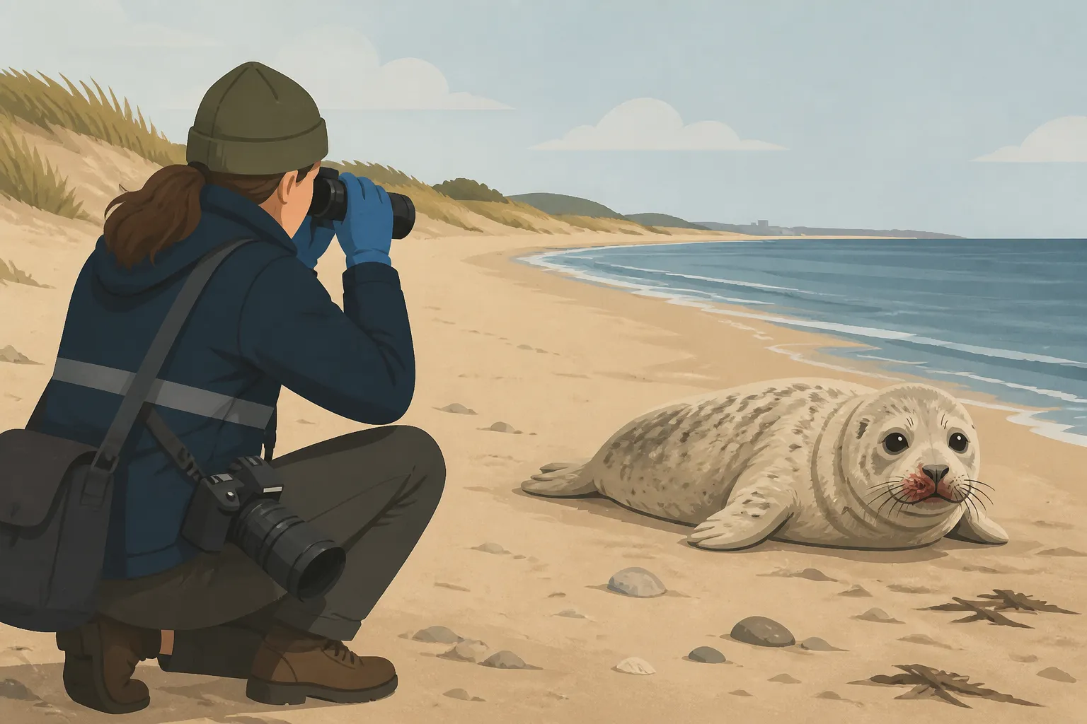 A wildlife volunteer monitors an injured gray seal pup from a distance at Bethany Beach.