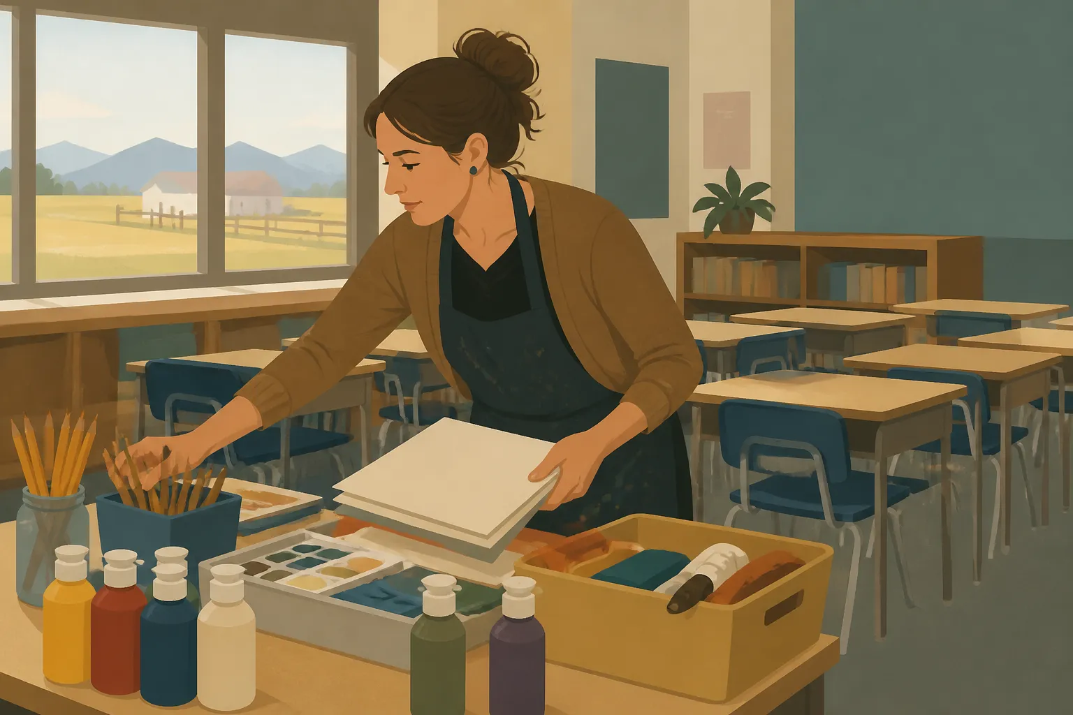 An art teacher prepares supplies for a free course supported by a Bozeman, MT arts nonprofit.