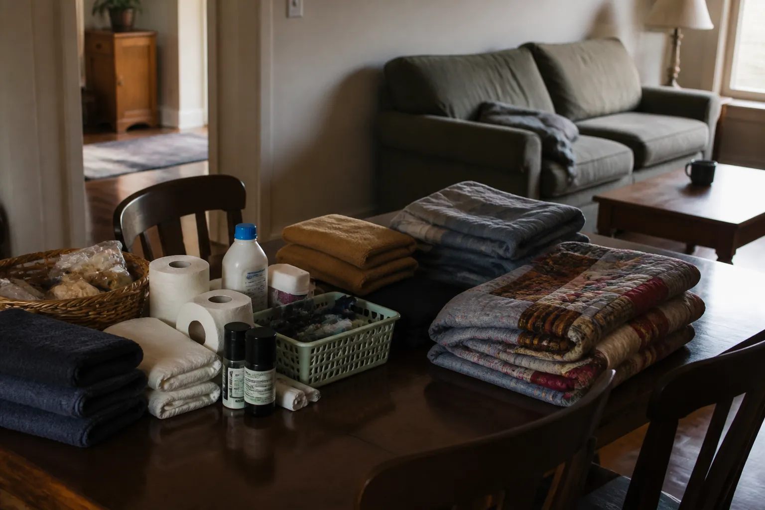 Shared dining table with donated household goods beside a living room furnished for veteran residents in Hayden.