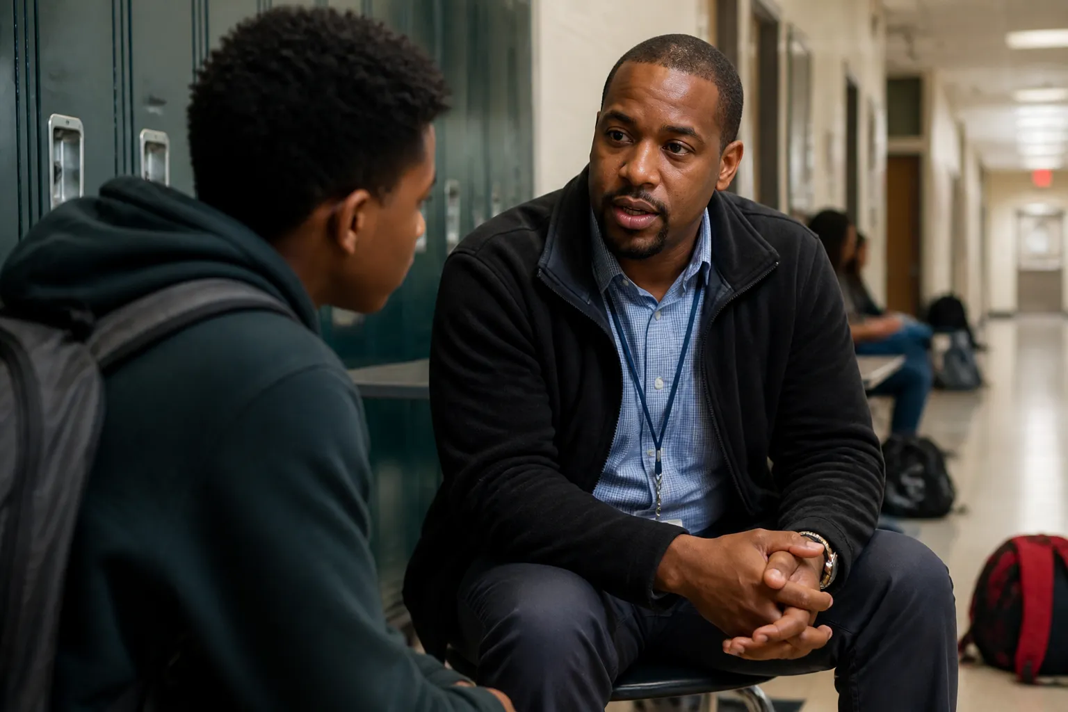 A mentor meets a student during a Success Mentors check-in at Omaha Public Schools near lockers.