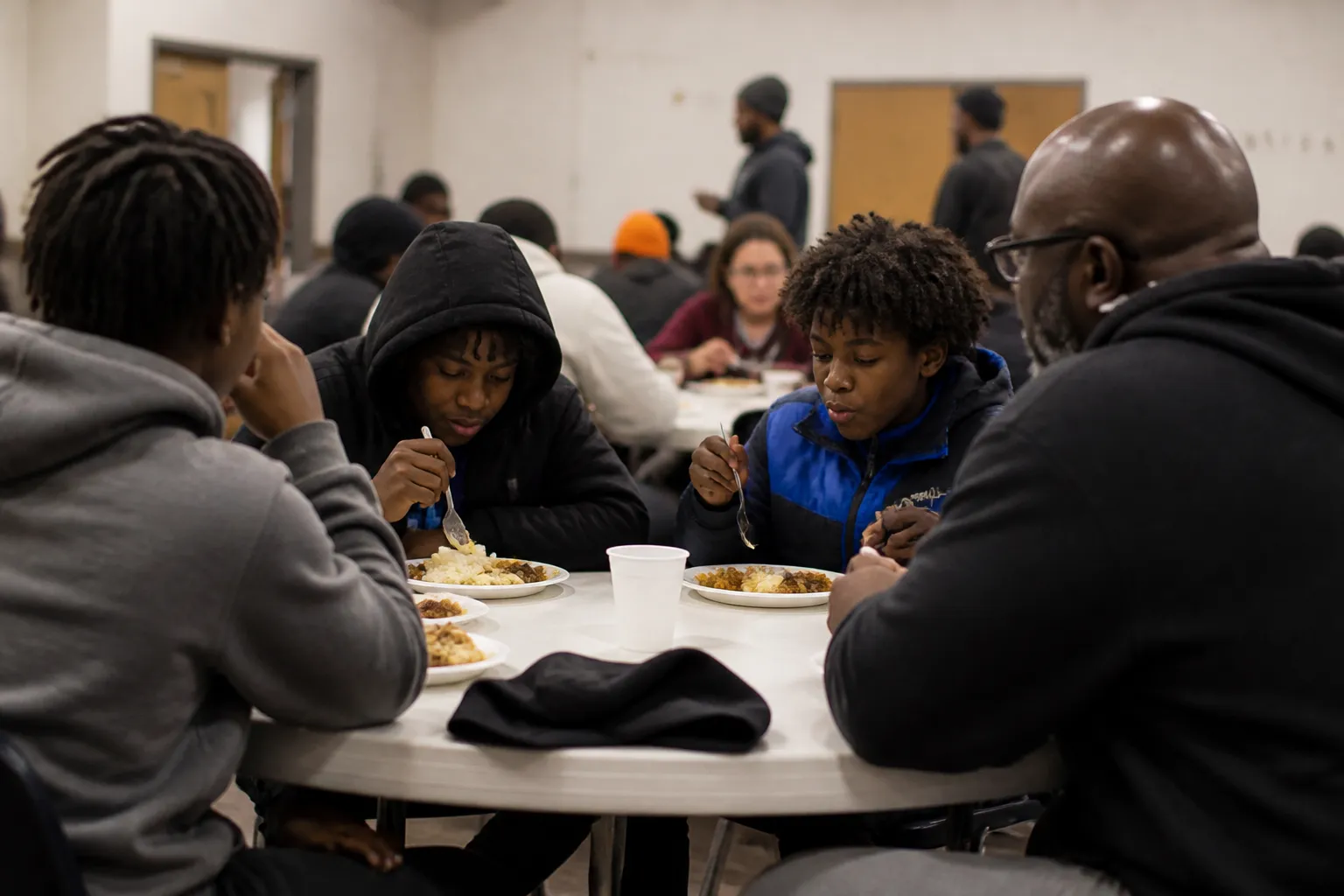 Youth and mentors eat at a Banister’s Night LIFE session before goal-setting activities in Omaha.