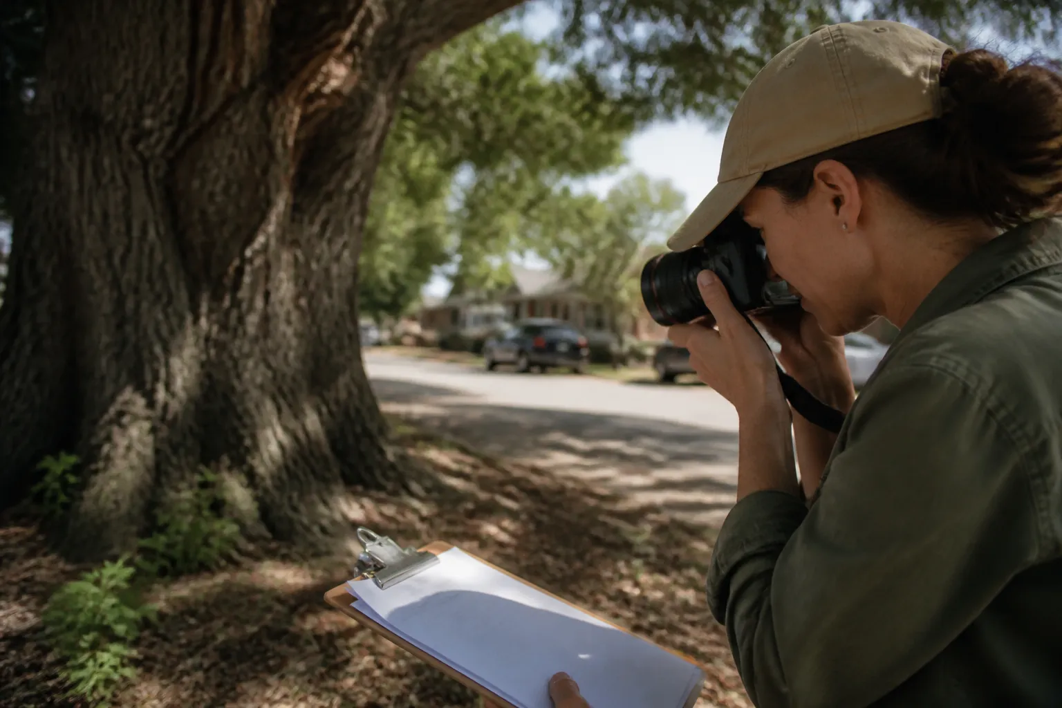 Volunteer documents a nominated heritage tree by photographing it and recording details outdoors.
