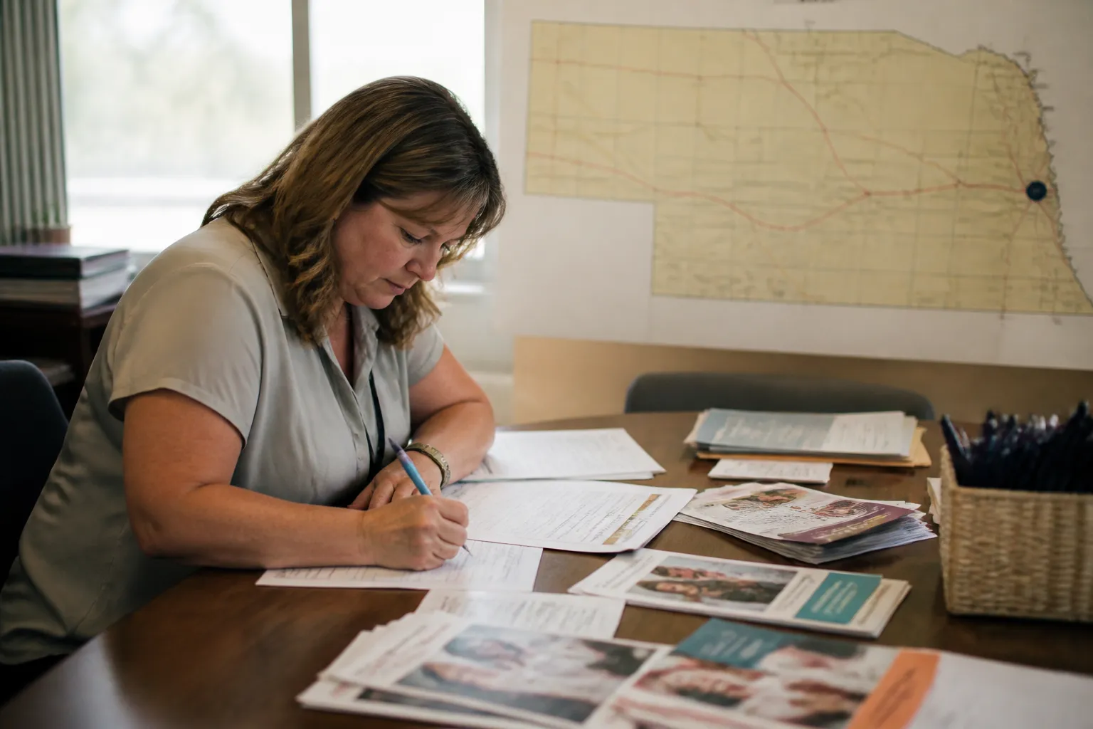 Office table in Nebraska with Creating Family Choices grant paperwork, brochures, and a map showing Lincoln and Columbus.