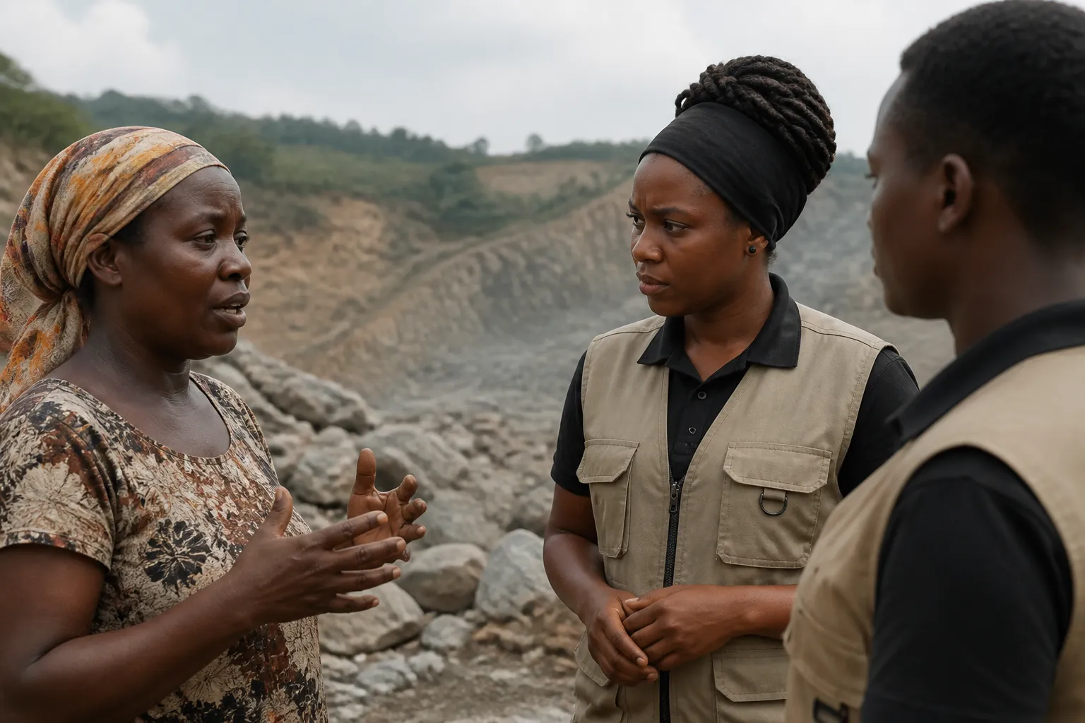 Dear Future staff meet a mother near a rock quarry in Wakiso, Uganda, to discuss a primary school project.