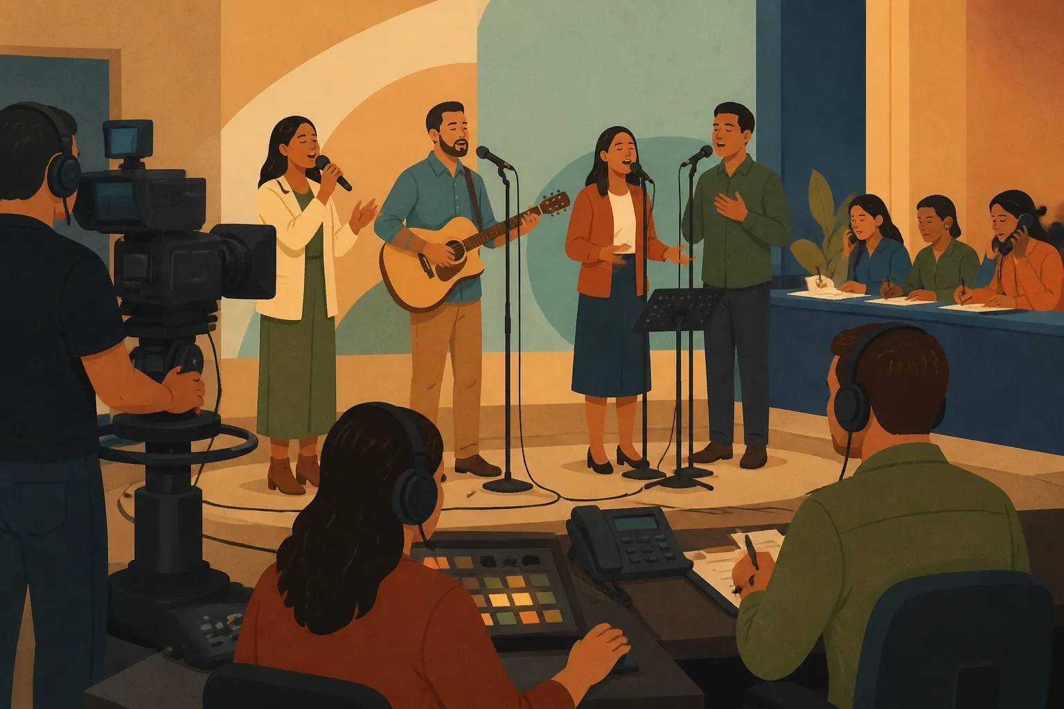 A local worship team performs bilingual telethon programming in a Channel 38 studio.