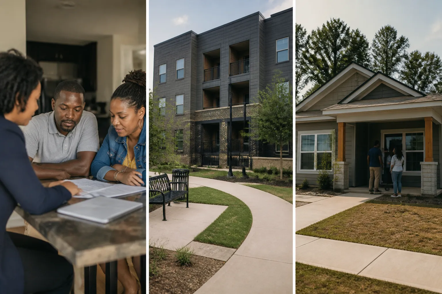 Split view of housing pathways: counseling table, mixed-income apartments, and a newly built home in South Dallas.