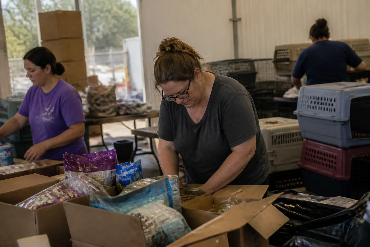 Volunteers unload pet food and collars and stack cat carriers inside Houston Pets Alive’s Antoine Drive intake area.