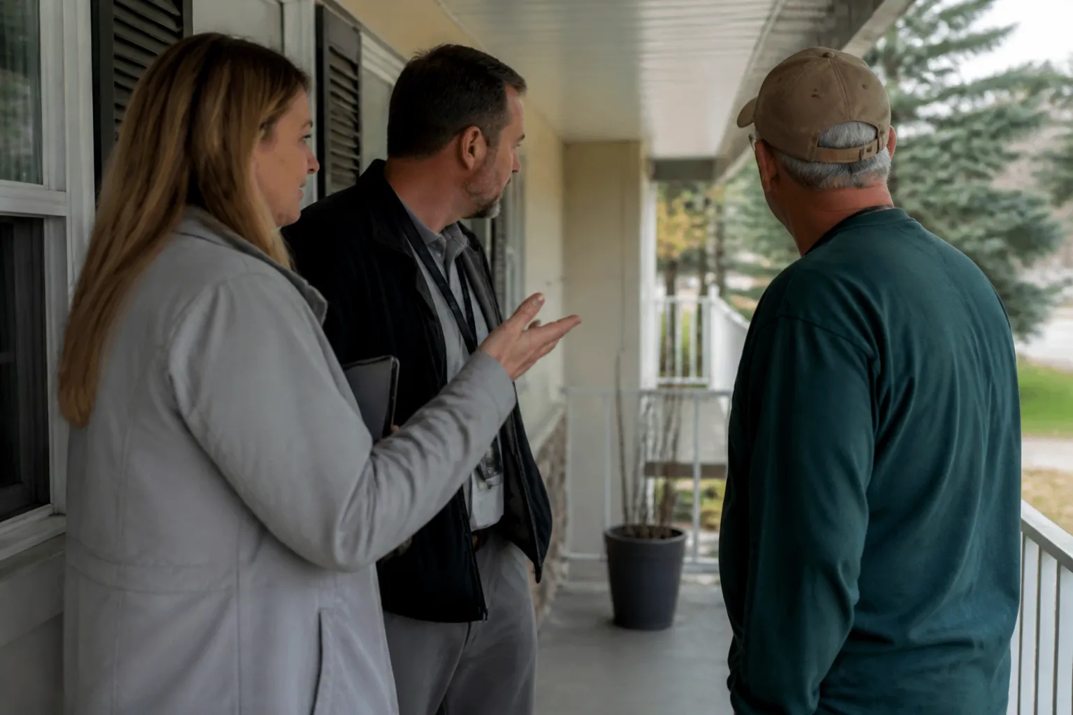 Idaho homeowner meets Heart Haven Home reps on a front porch to discuss a shared veterans housing property.
