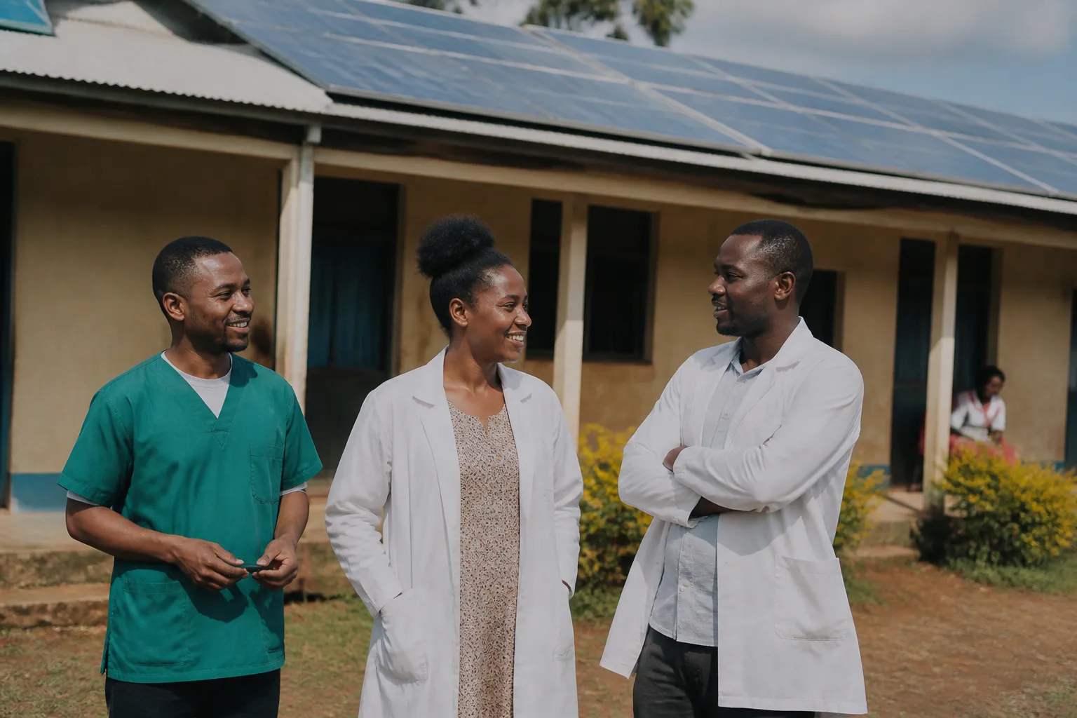 Staff gather outside Galeya Rogdha Clinic in Ethiopia after a 2024 solar power inauguration in daylight.
