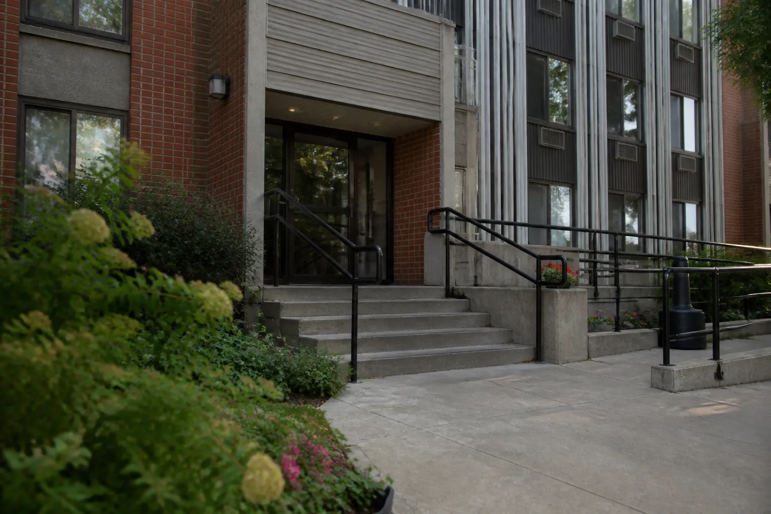 Exterior entrance of Union Manor Apartments in Lincoln, a 56-unit HUD-assisted community.