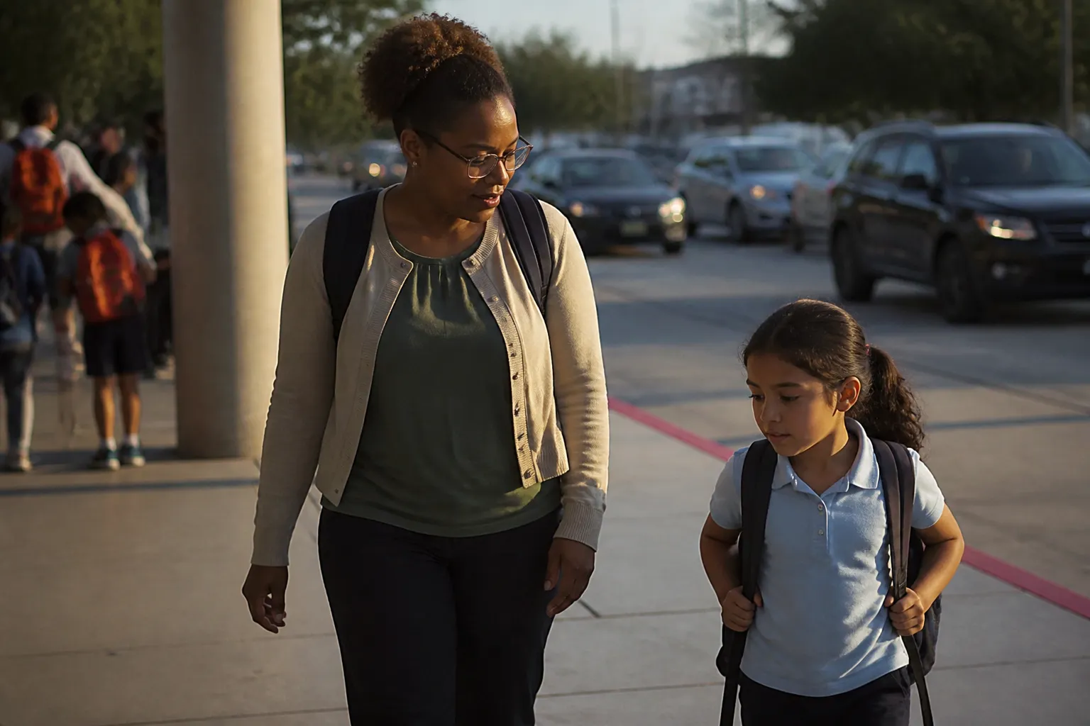 A Friend mentor walks with an elementary child with backpacks outside a Houston school after dismissal.