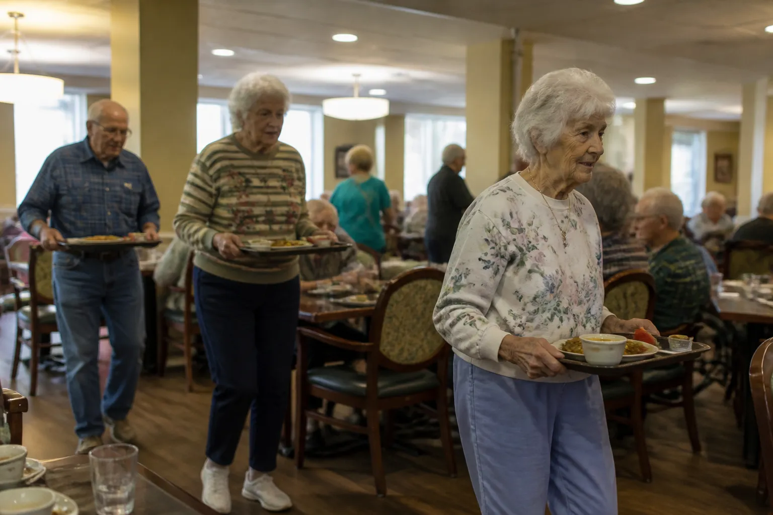 Residents carry lunch trays through the dining room at Missoula Manor Homes.