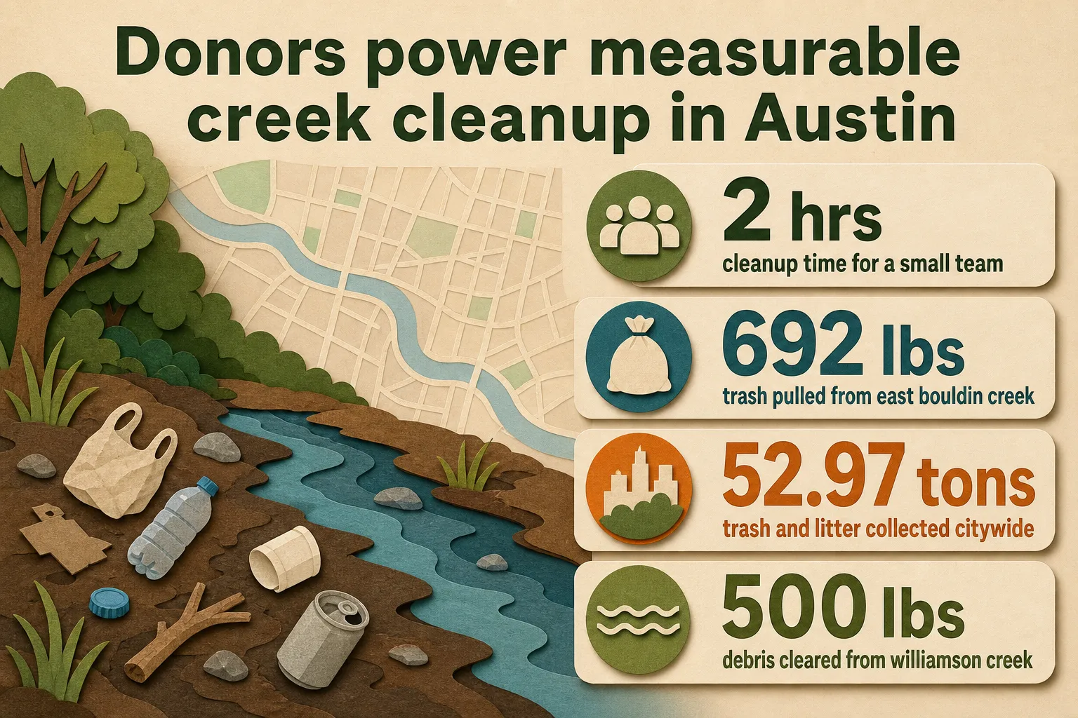 Cut-paper infographic with a muddy creek backdrop and stat badges for 2 hrs, 692 lbs, 52.97 tons, and 500 lbs.