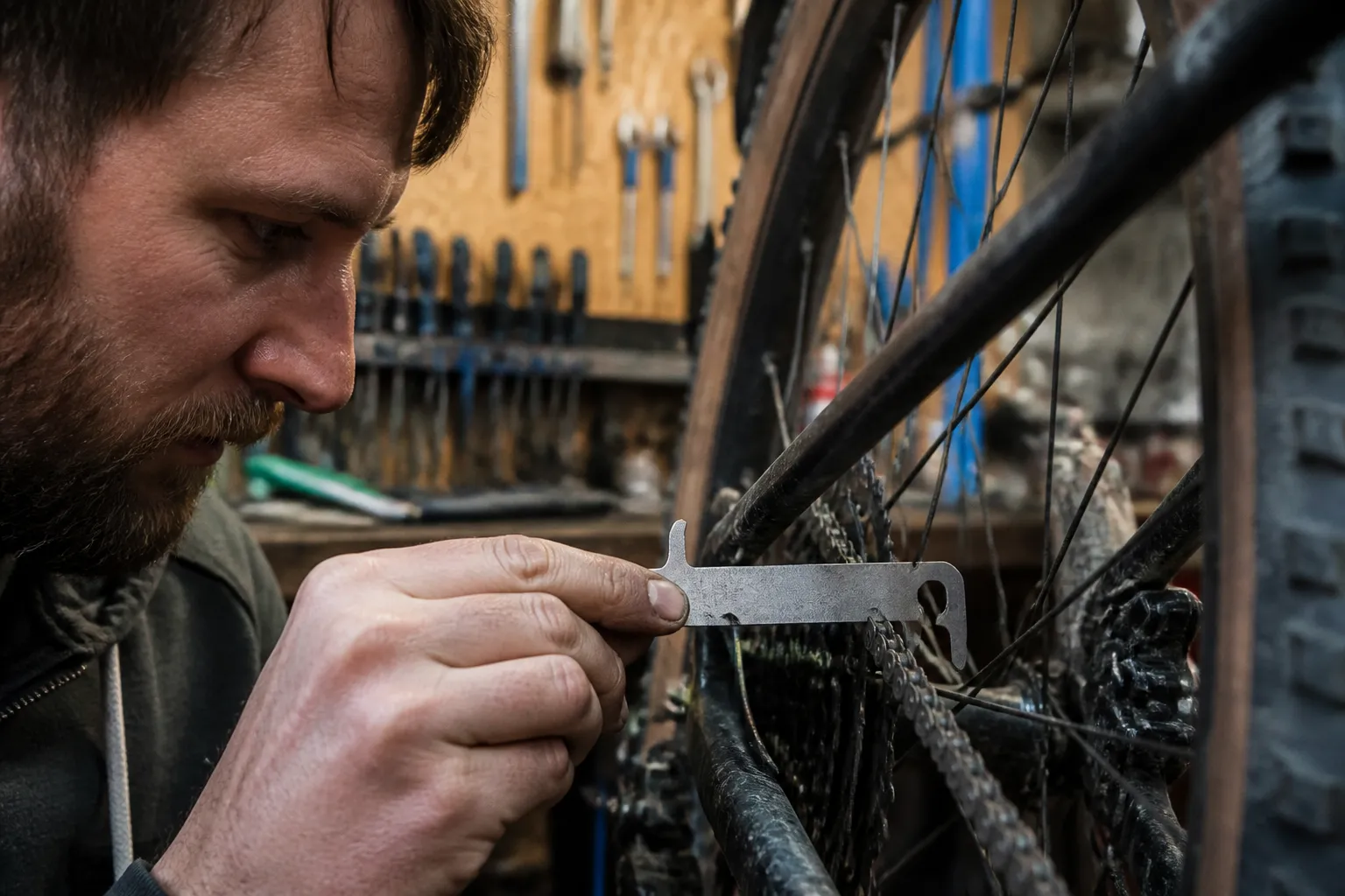 Hands measure a worn bicycle chain with a chain checker tool at a DIY Repair Shop workbench.
