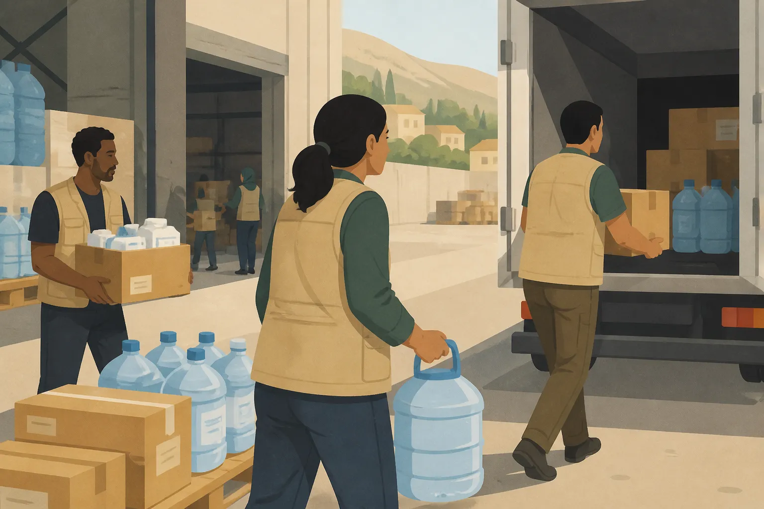 Humanitarian staff load clean water containers and medical supplies for emergency distribution.