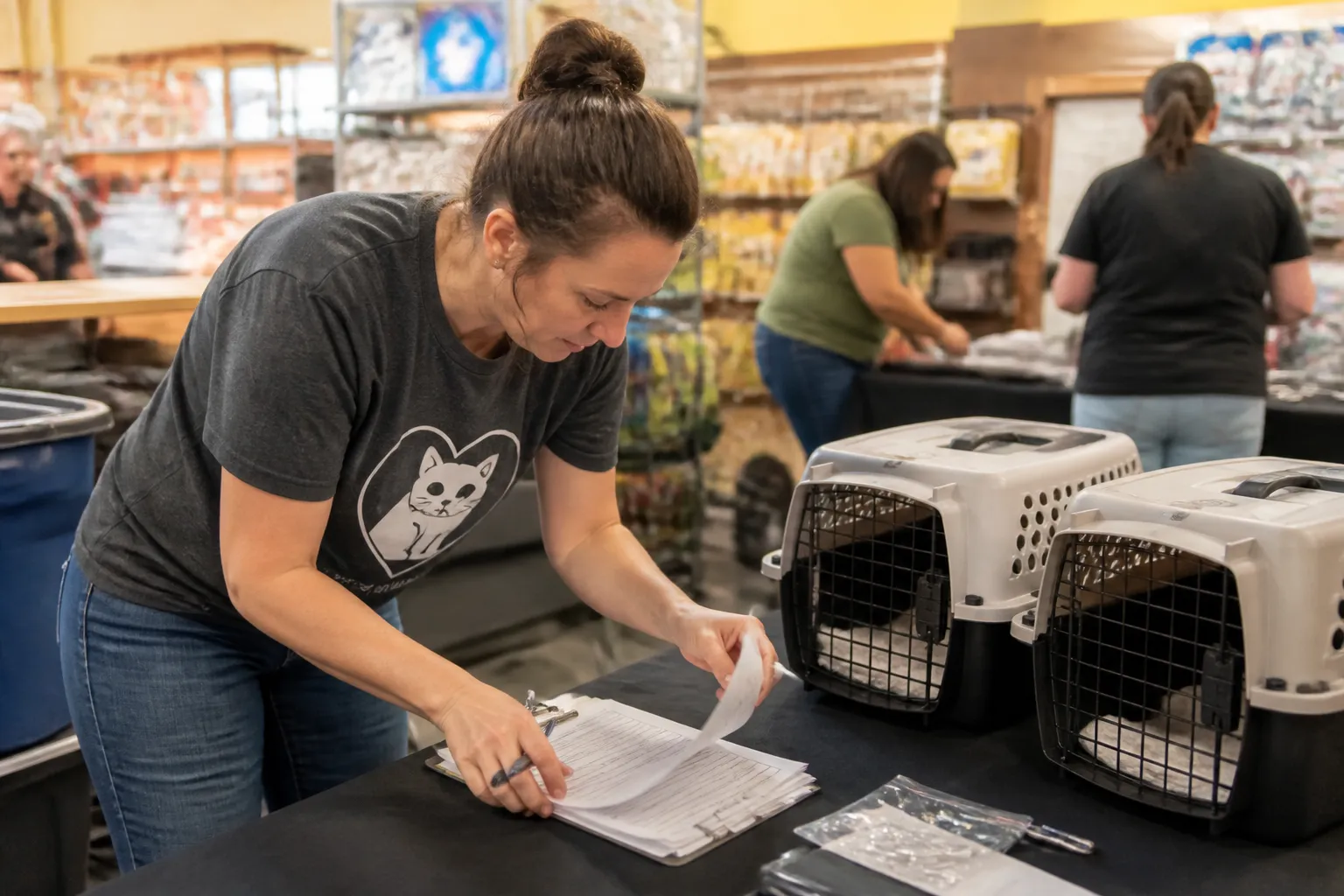 Rescue Me volunteer arranges cat carriers and adoption paperwork at a Petco Highland Village meet-and-greet.
