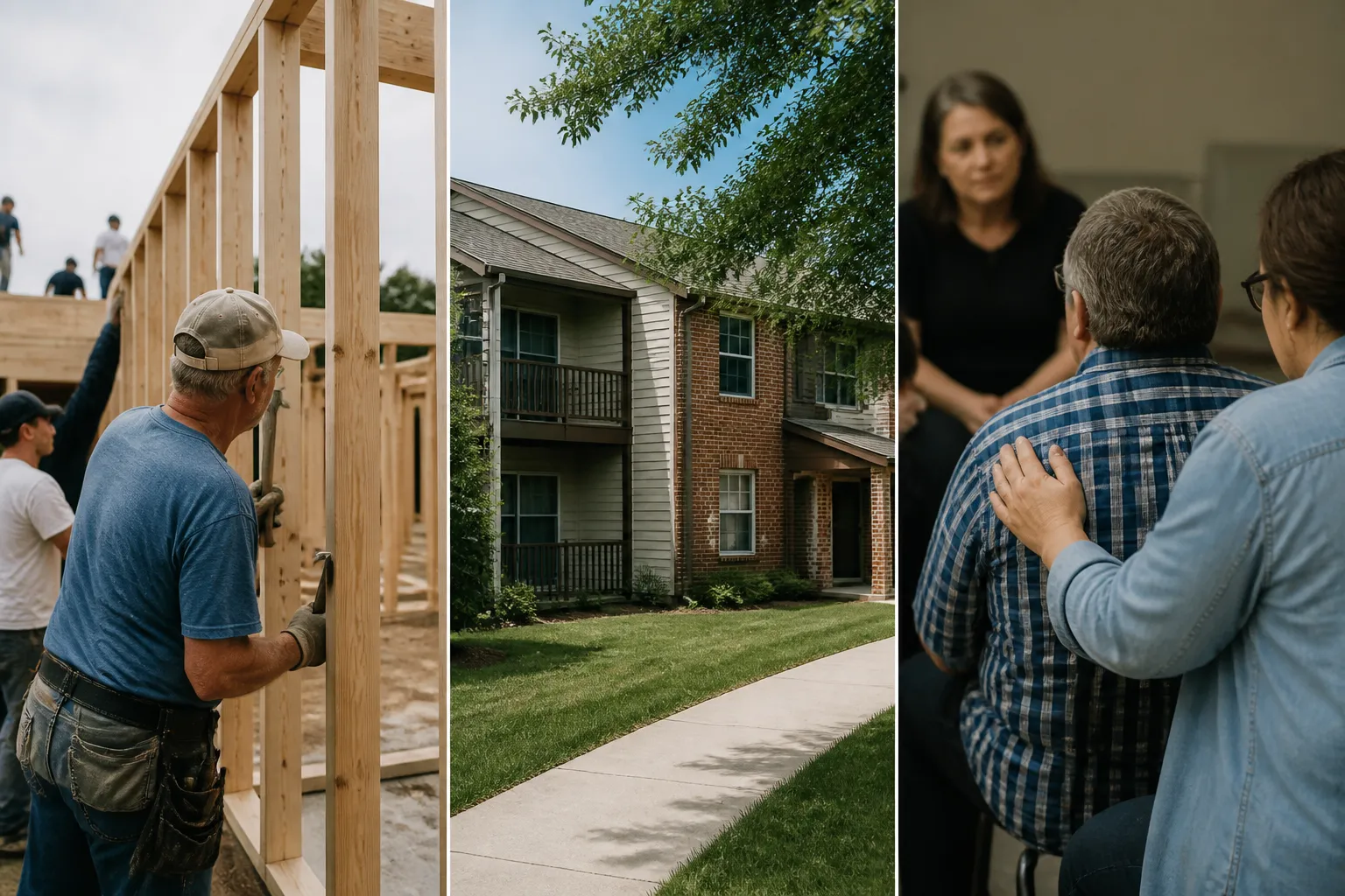 Three-panel collage of Habitat framing work, Union Manor Apartments exterior, and an Arc of Lincoln support meeting.