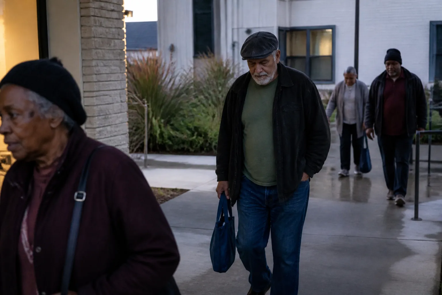Older residents walk into Turning Point Center at dawn for breakfast and case-management appointments.