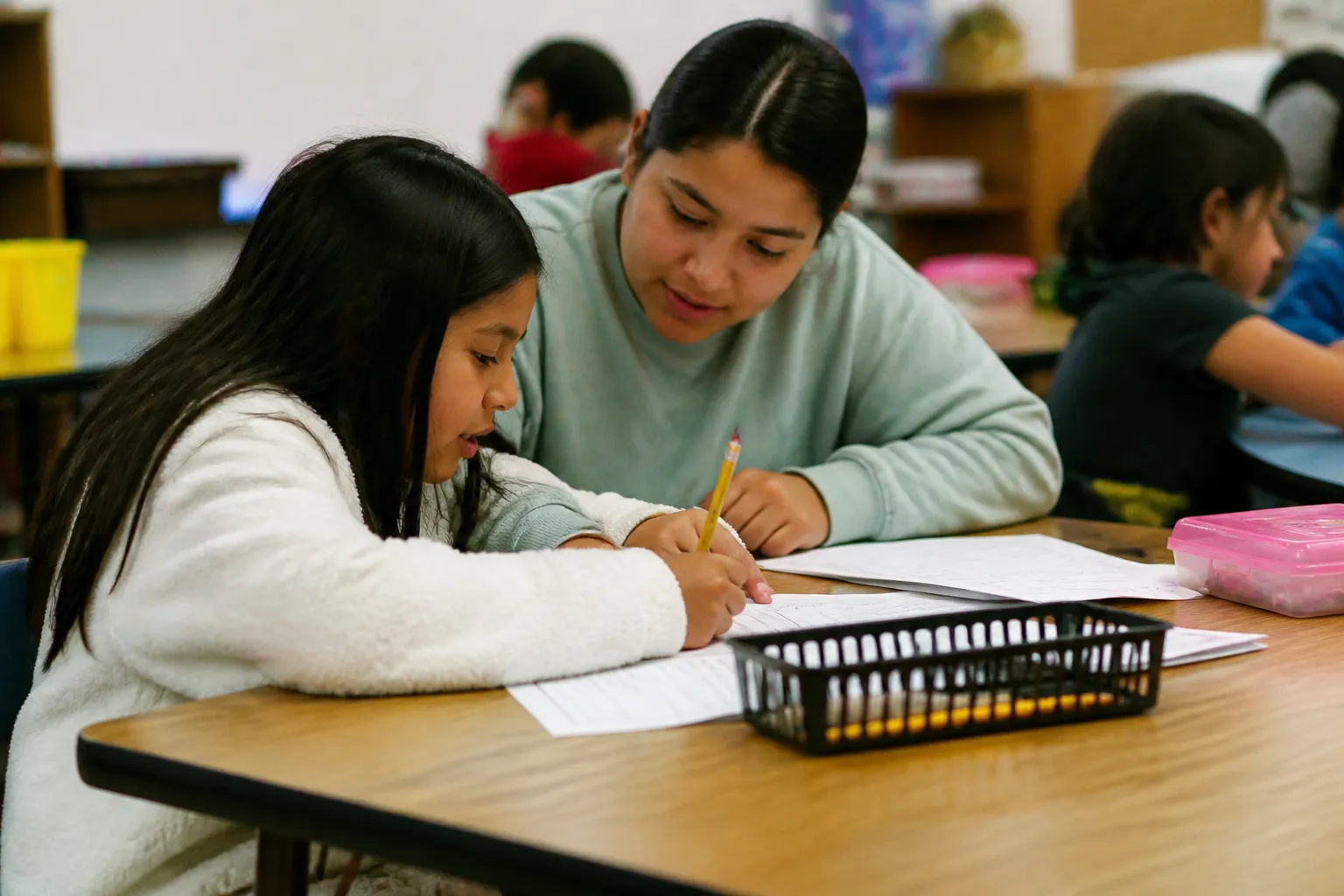 Students and tutors work on language arts and math during after-school tutoring at Blackshear Elementary.