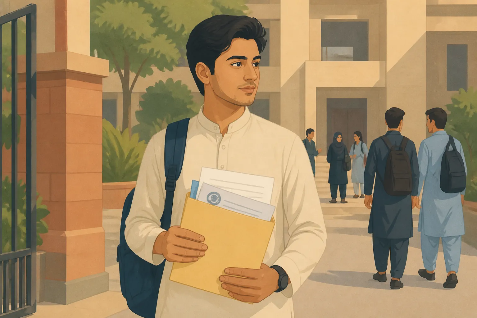 Pakistani university student holds an acceptance letter and tuition paperwork outside a public campus building.