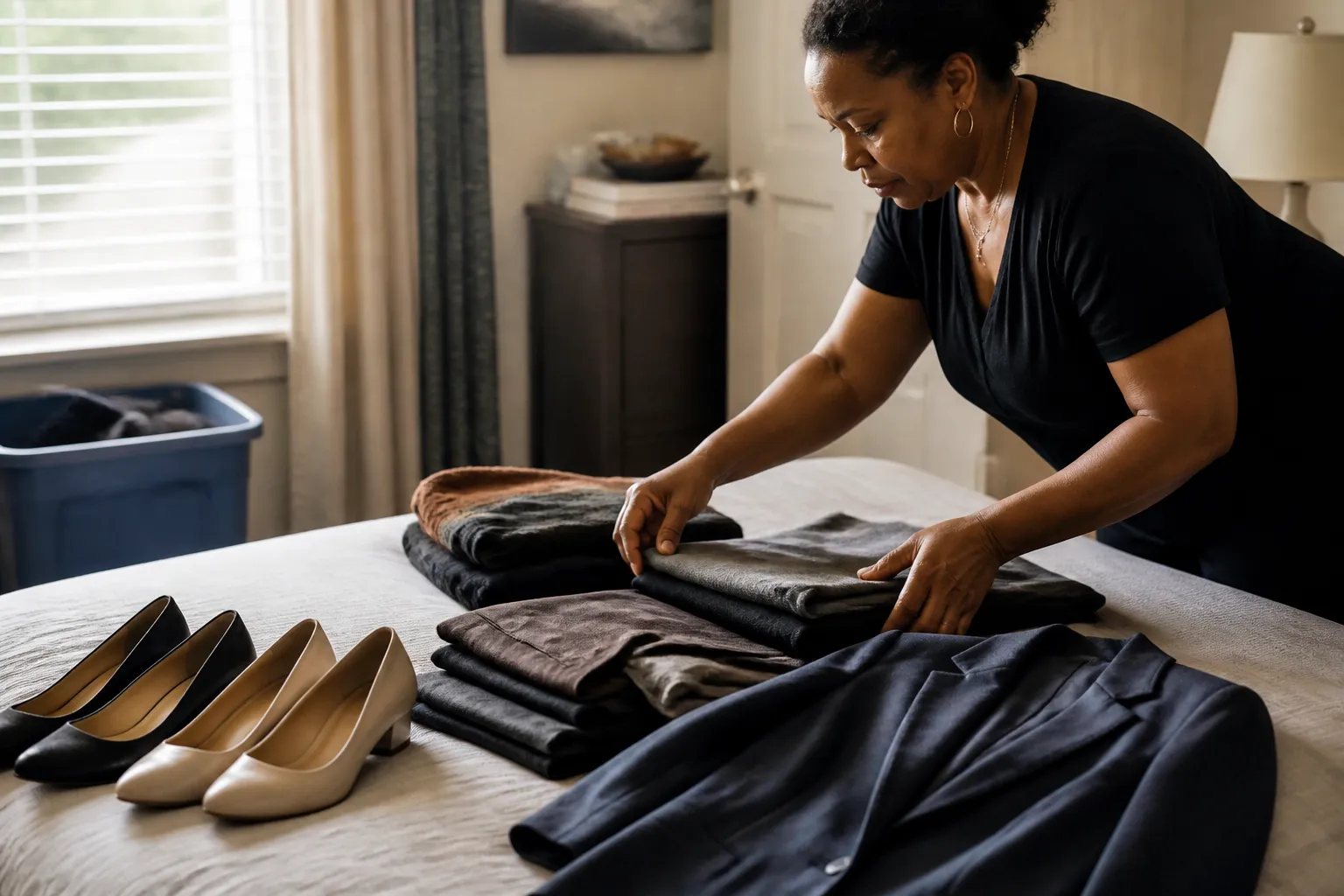 Donor lays interview-ready blazers, slacks, and professional shoes on a bed to donate to Dress for Success Dallas.