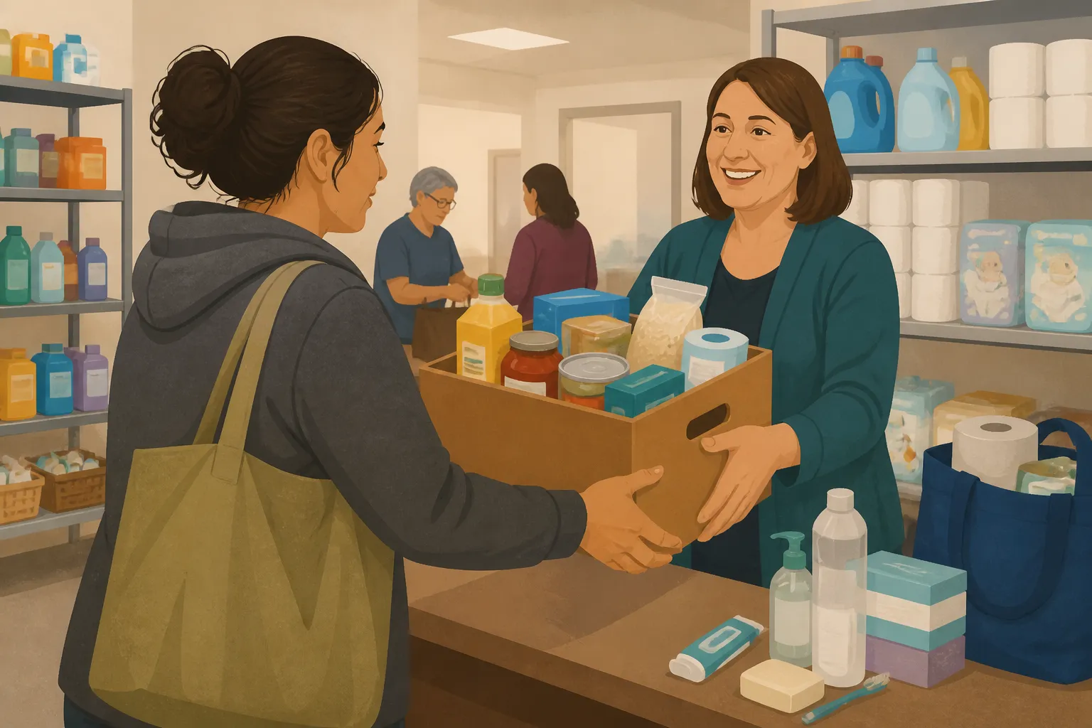 A parent receives a food donation helping families in Reno NV at the Carson City emergency food bank.