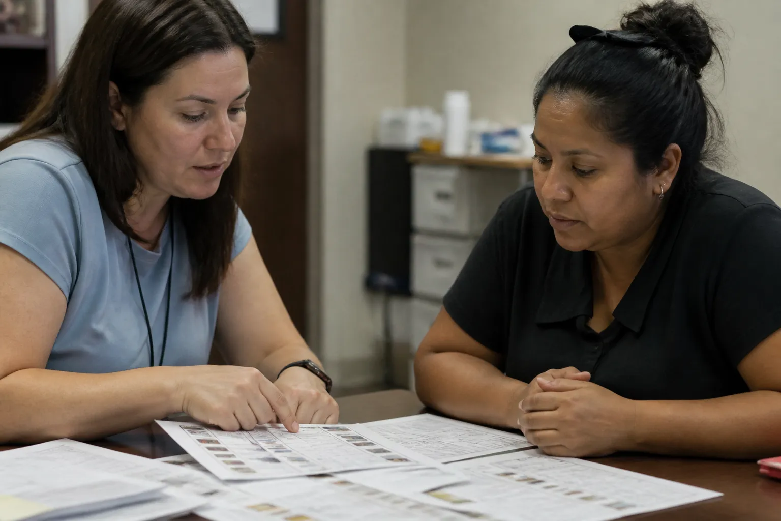 Provider’s Network advisor and bilingual childcare provider review CACFP menu paperwork to support early childhood education in Lincoln, NE.