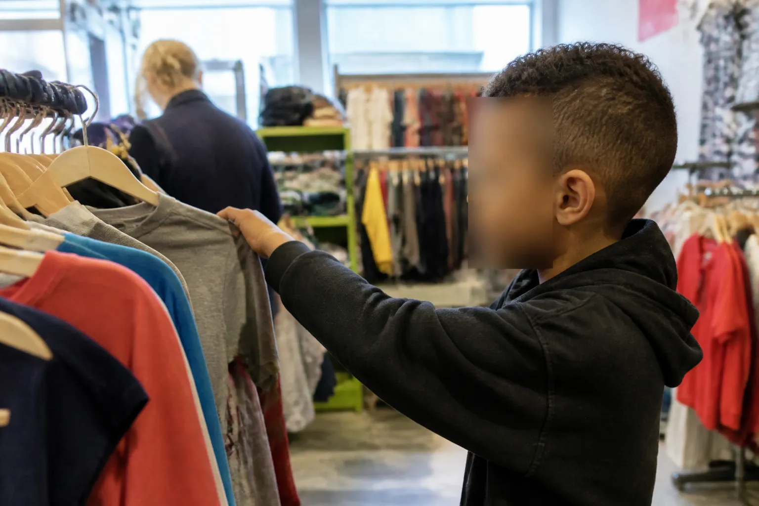 Foster-impacted child browses clothing racks during a free Shopping Day at Trey’s Boutique in Downtown Ralston, Omaha.