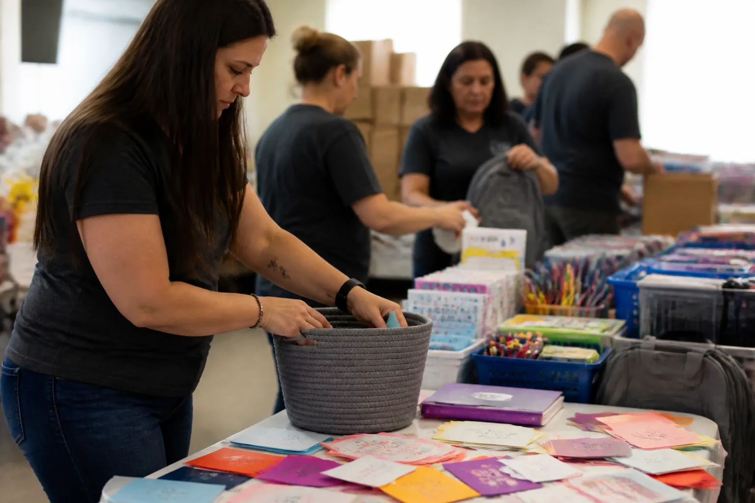 Volunteers in Buda sort Love Box care packages with grocery gift cards and school supplies at the community center.