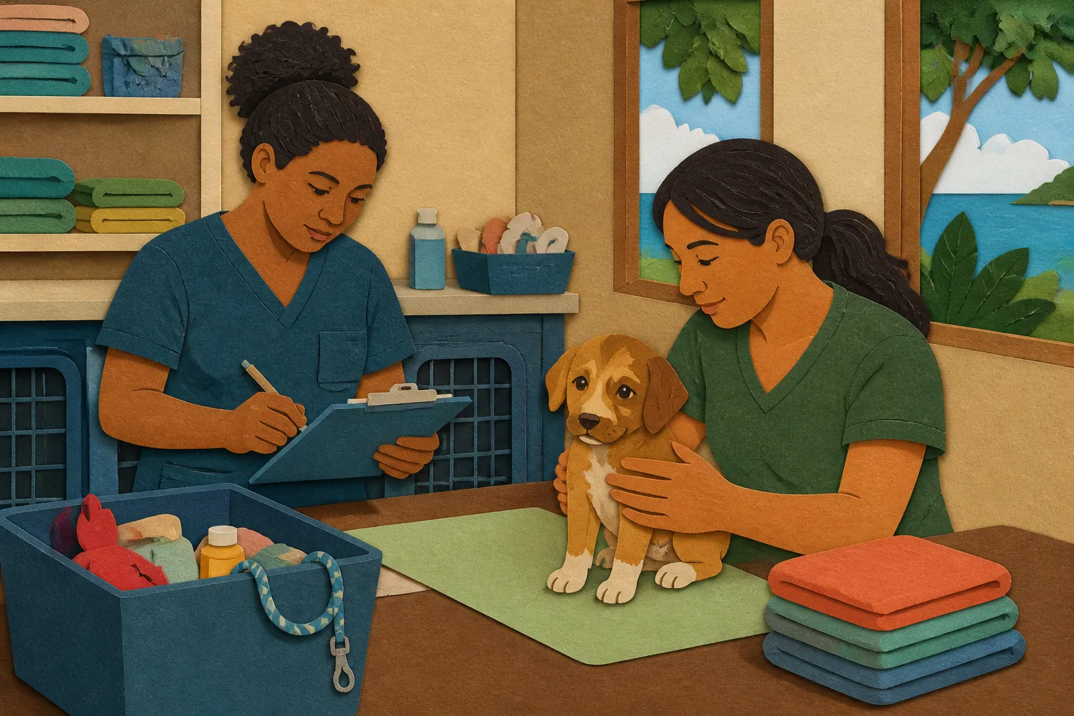 Shelter staff prepare a vaccinated puppy for adoption on Anguilla.