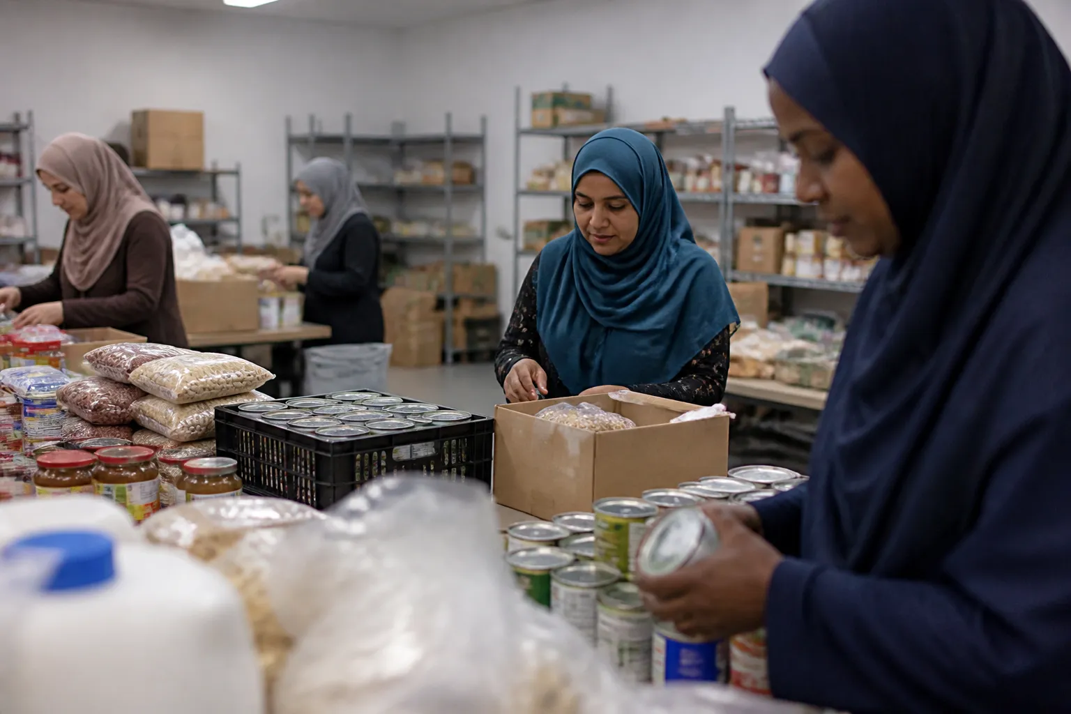 Volunteers sort pantry groceries for people asking where can i donate food in Dallas at ICNA Dallas in Richardson for refugee families and underserved residents.