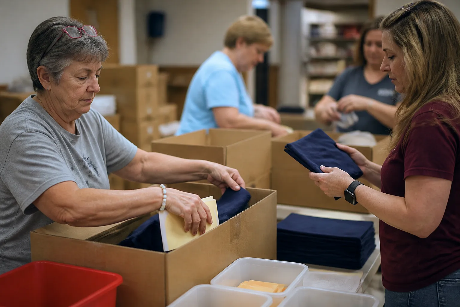 New Braunfels Angels volunteers pack Love Box resources and grocery cards for foster families indoors.