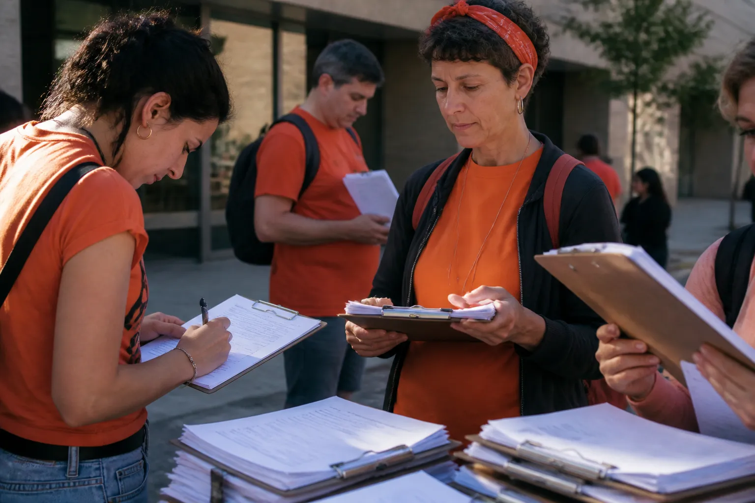Volunteers with clipboards organize paperwork to support voter rights in Austin TX outside Travis County Jail.