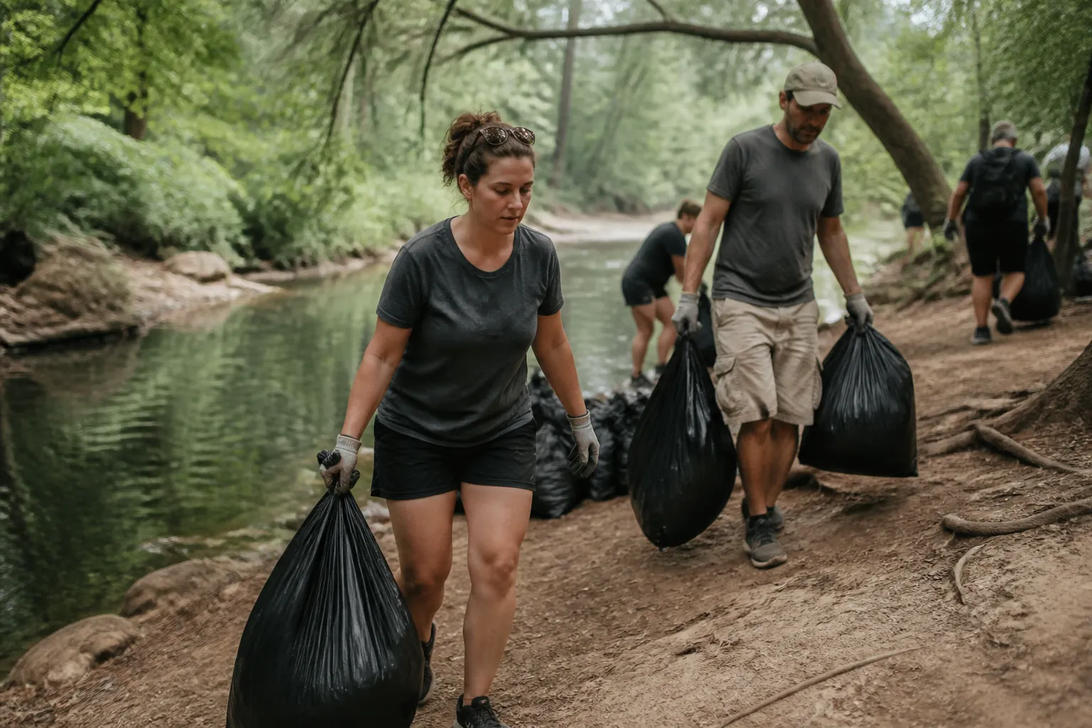 Make Austin Clean volunteers lift bulging trash bags up the bank of East Bouldin Creek after a cleanup.