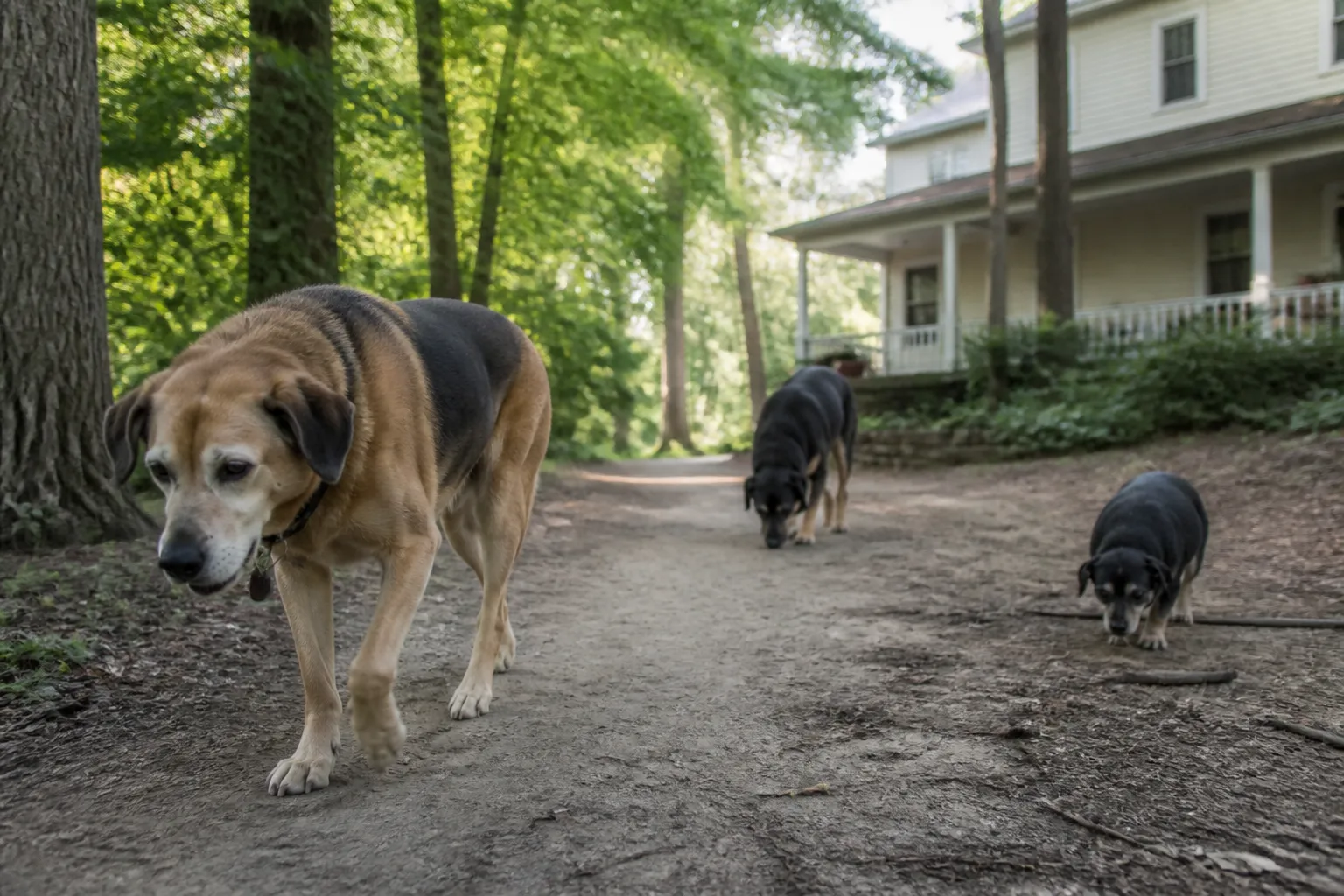 Senior dogs walk a wooded path near the 140-year-old farmhouse at Farm Senior Dog Sanctuary in Ceresco.