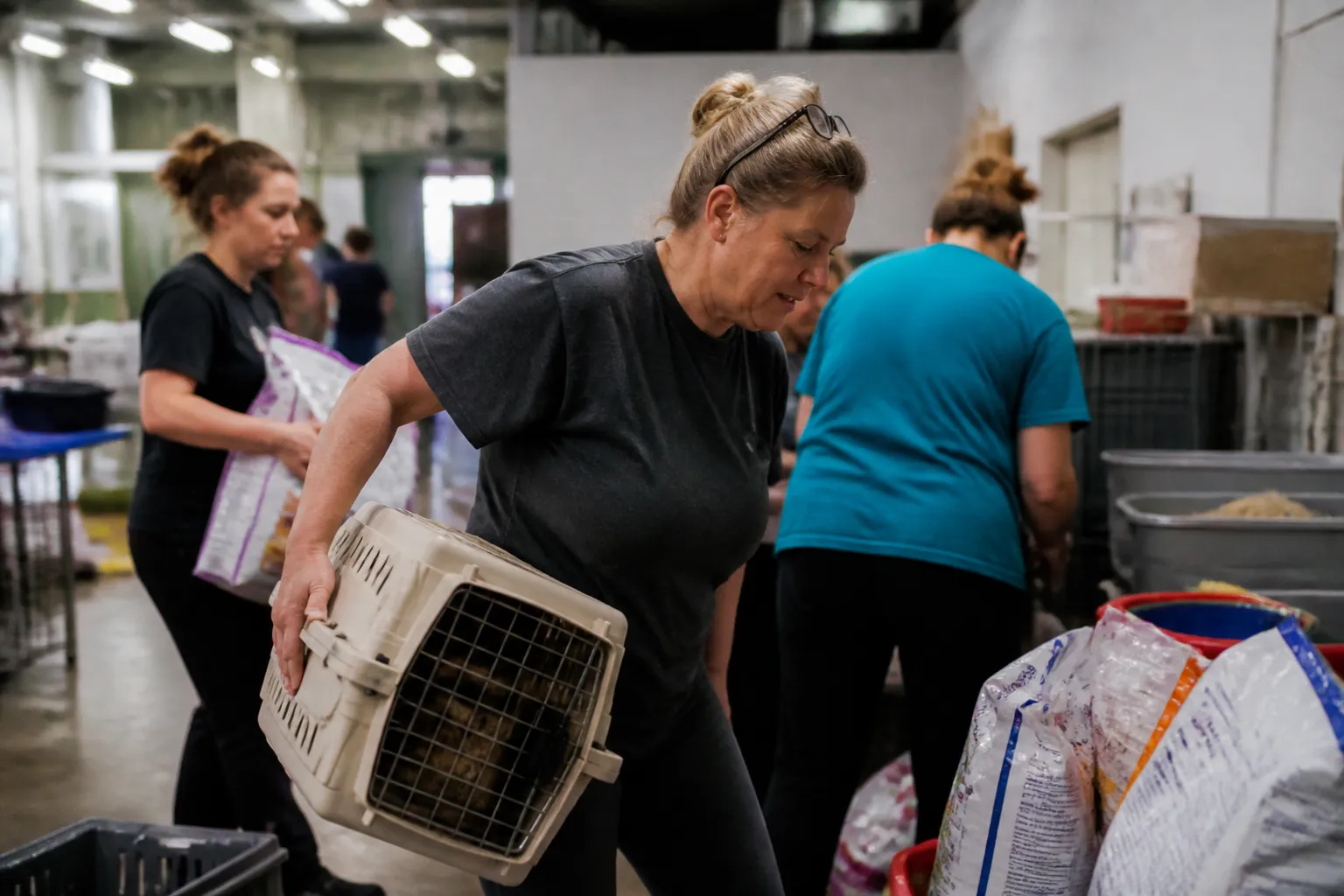 Volunteers unload donated pet supplies in Houston after Houston Pets Alive rescues 19 cats.