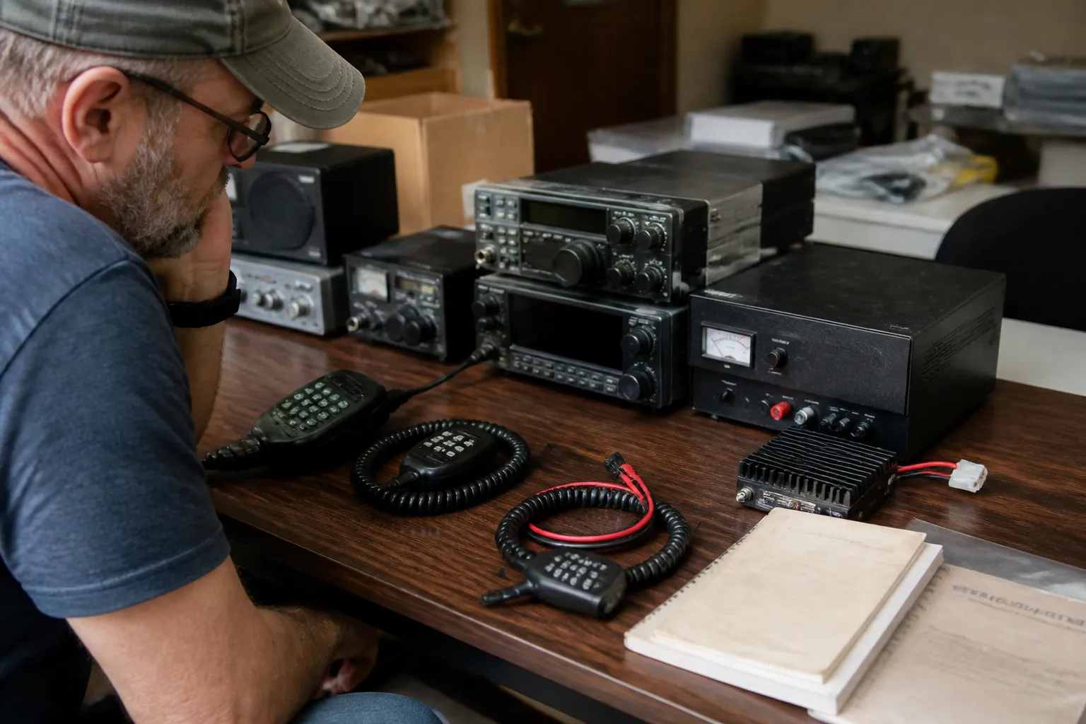 Amateur radio gear, microphones, power supplies, and manuals laid out on a table for donor evaluation before contacting the club.