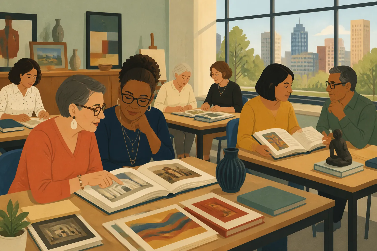 Adults in a Women’s Institute weekly class sit among books and local art displays in Houston.
