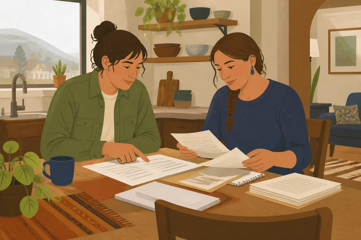A Missoula homeowner and stewardship advisor review affordable housing maintenance papers in Missoula, MT.