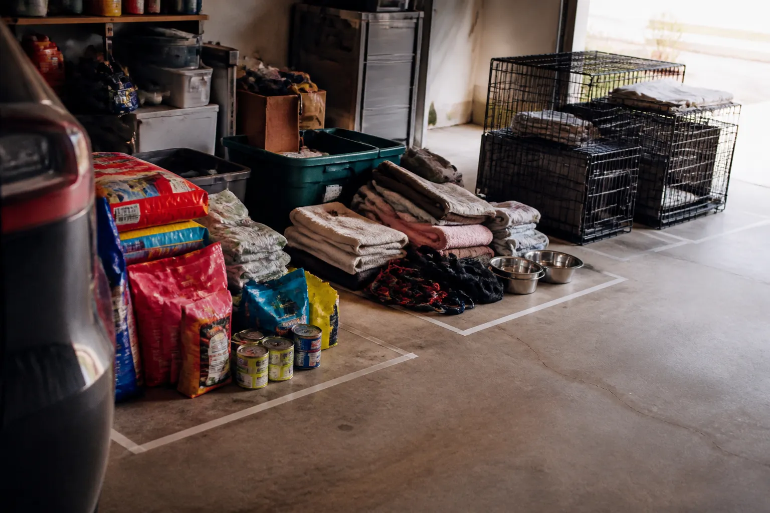 Three labeled donation piles for food, foster gear, and large-dog crates on an Austin garage floor before drop-off.