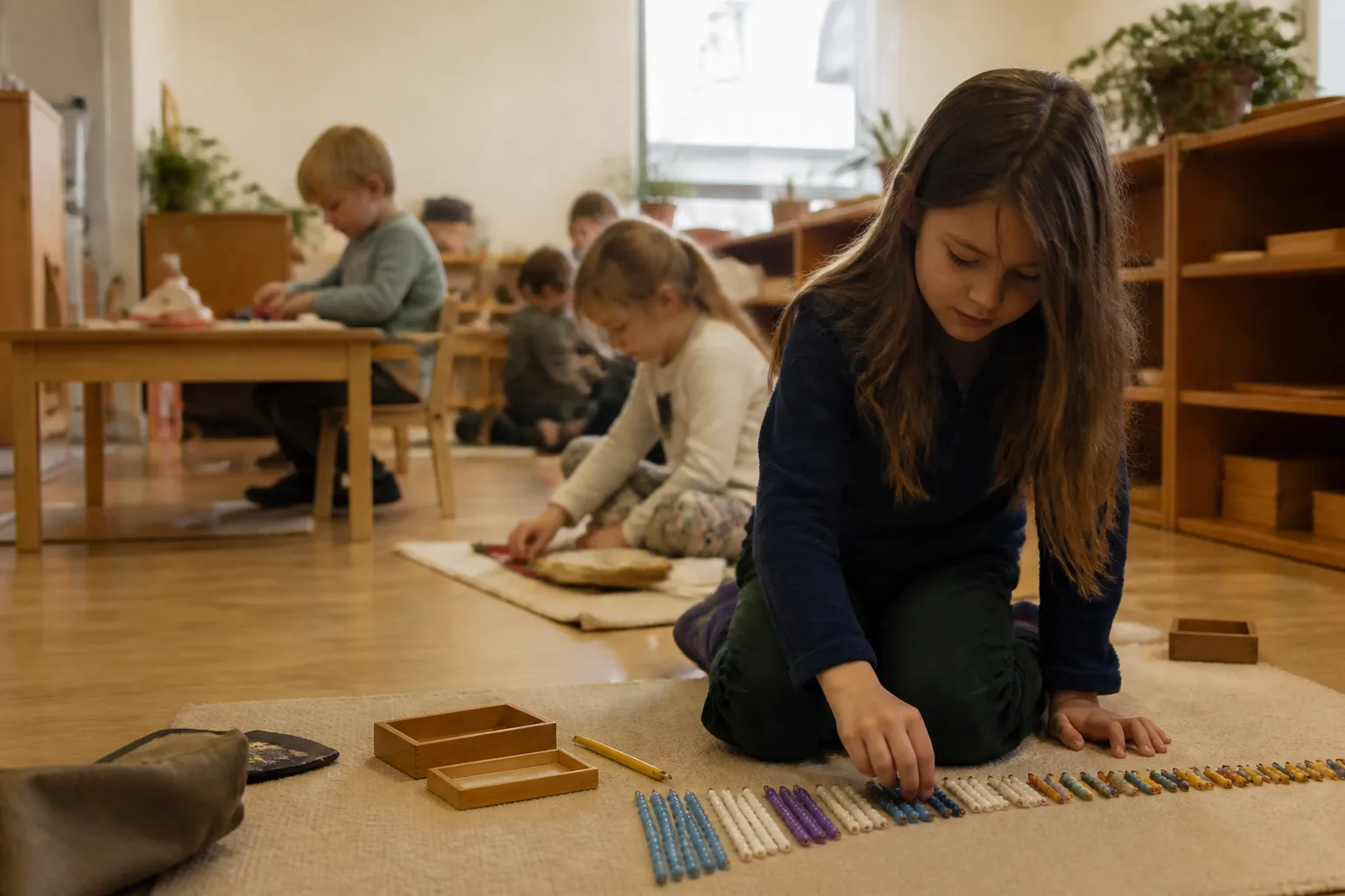 Mixed-age students at Missoula Christian Montessori School work independently at low shelves indoors.